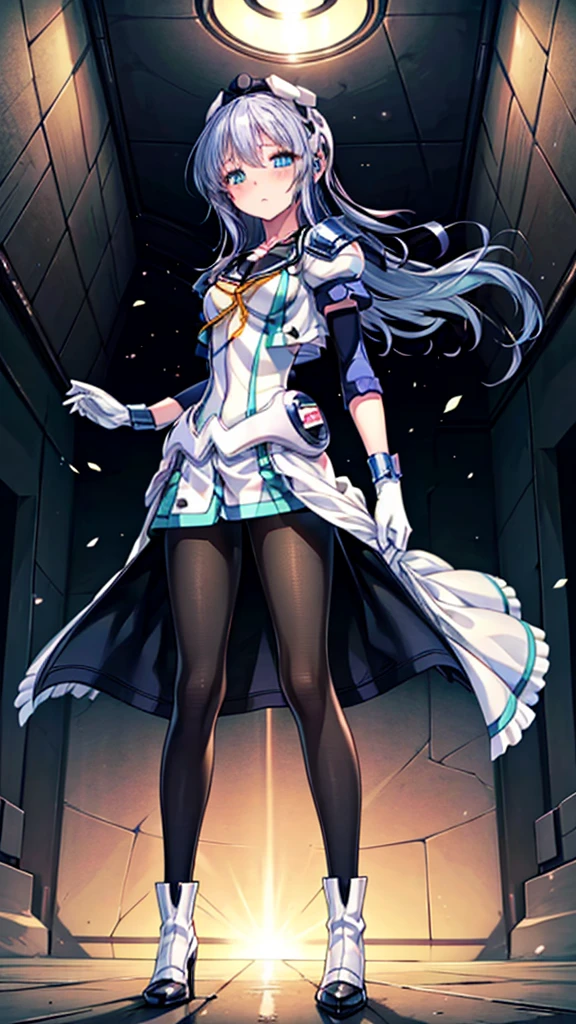 Please redeem，symphony_sugar,Light blue hair,Dark blue eyes,Hair Accessories,Long Hair,White long_gloves,light blue short dress,Black Pantyhose,High heels, ,Show me your boots，gloves，elegant, 1 girl, cute, Blushed, Looking at the audience, From below, prison，Beautiful Eyes, Beautiful background, Particles of light, Sunshine, Dramatic lighting, Outside, Shiny, Realistic, Please redeem, Very detailed, Get used to it, landscape, Beautiful and detailed, Thin Hair，Full Body Shot，((Cowboy Shot,Dynamic Angle))