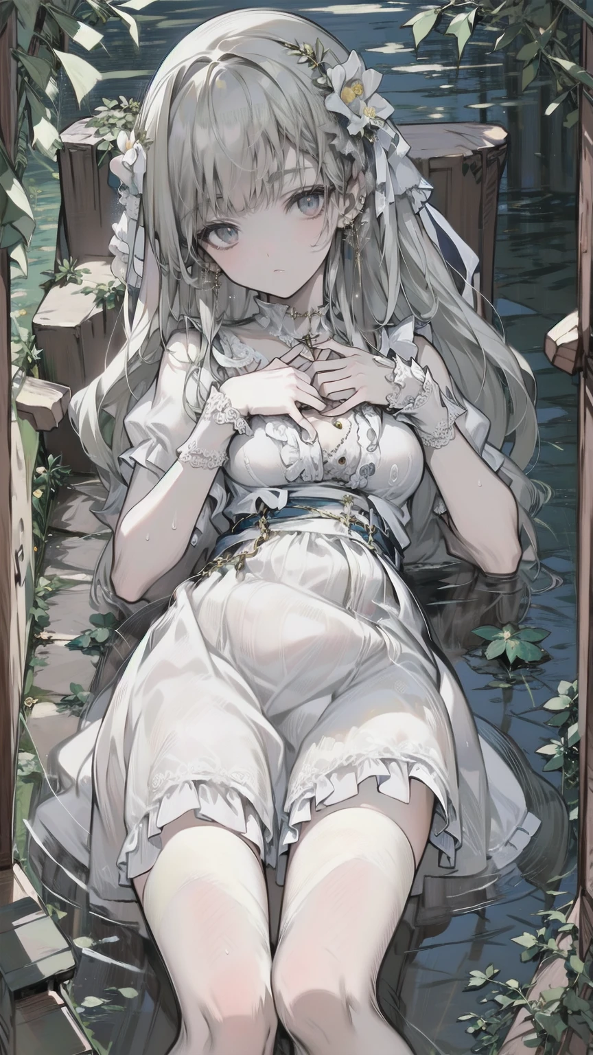 One girl, Alice, Alone, blue eyes, Blonde, blue hair bow, Long Hair, Short puffed sleeves, White apron, Blue Dress, White thighs, Small breasts, sweat, (Glowing Skin), Highly detailed outdoor environments, Beautiful Face, One beautiful girl, Taking a comfortable nap in the shade, ふしぎの国のAlice, Aliceは大きな木にもたれて眠っている, Beautiful Fields, The river flows, Aliceの周りに古い本が約5冊ある, One of them is open, トランプがAliceの周りにあり、About 10 playing cards are lying around, Hearts and diamonds are red, Spades and clovers are black, 1つのポケットウォッチがAliceの眠っている顔の近くに落ちている, Pocket watches are beautiful、Looks very expensive, Gentle Breeze, White Flower, peace, Story Scene,