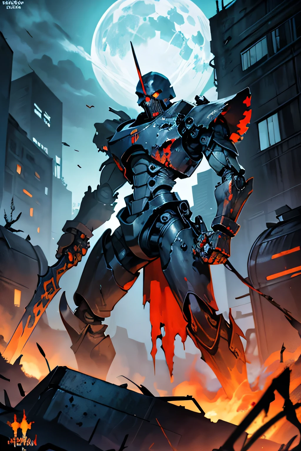On the scrapyard planet **Ord Mantell**, RX-42, now known as **Overlord Rustclaw**, rises from the wreckage as a twisted, demonized version of its former self. Its corroded, orange-black frame, cloaked in jagged metal shards, exudes a sinister aura. One blazing red photoreceptor glares with malice, while the other, cracked and flickering, casts an eerie shadow. Its left arm, a brutal weapon salvaged from an assassin droid, drips with oil like blood, while its right claw crackles with dark energy.
Amidst the glowing heaps of molten scrap and neon-lit wastelands, Overlord Rustclaw commands an army of twisted, reanimated droids, their glowing eyes reflecting the malevolence of their master. The once-forgotten robot now rules the scrapyard like a tyrant, bent on spreading chaos and destruction, driven by a relentless hunger for power. The rust and decay of its form only enhance its demonic presence, a nightmarish overlord born from the wreckage of a broken world.