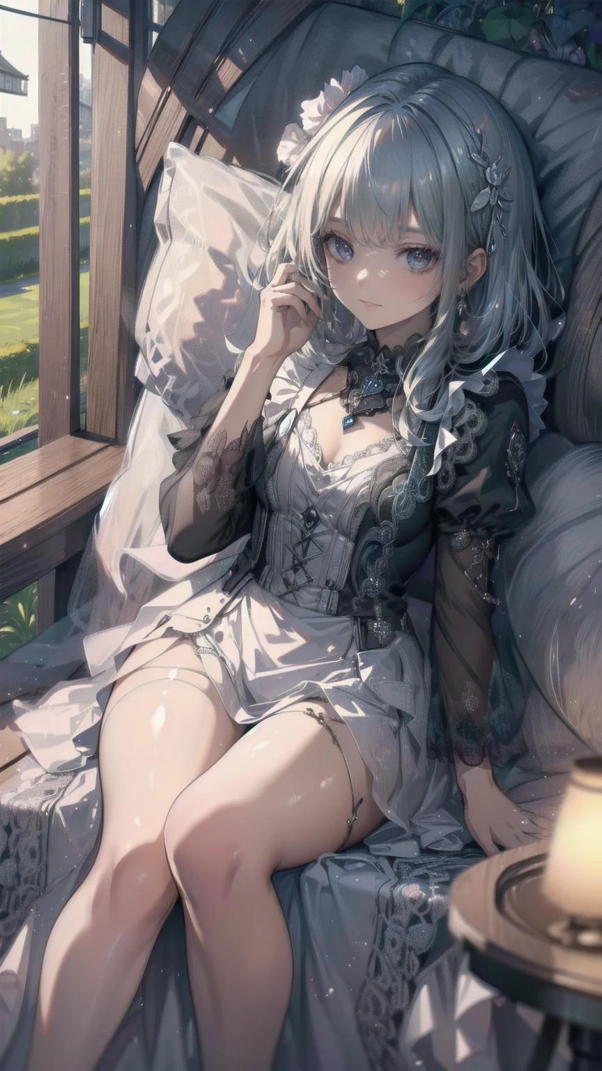 One girl, Alice, Alone, blue eyes, Blonde, blue hair bow, Long Hair, Short puffed sleeves, White apron, Blue Dress, White thighs, Small breasts, sweat, (Glowing Skin), Highly detailed outdoor environments, Beautiful Face, One beautiful girl, Taking a comfortable nap in the shade, ふしぎの国のAlice, Aliceは大きな木にもたれて眠っている, Beautiful Fields, The river flows, Aliceの周りに古い本が約5冊ある, One of them is open, トランプがAliceの周りにあり、About 10 playing cards are lying around, Hearts and diamonds are red, Spades and clovers are black, 1つのポケットウォッチがAliceの眠っている顔の近くに落ちている, Pocket watches are beautiful、Looks very expensive, Gentle Breeze, White Flower, peace, Story Scene,