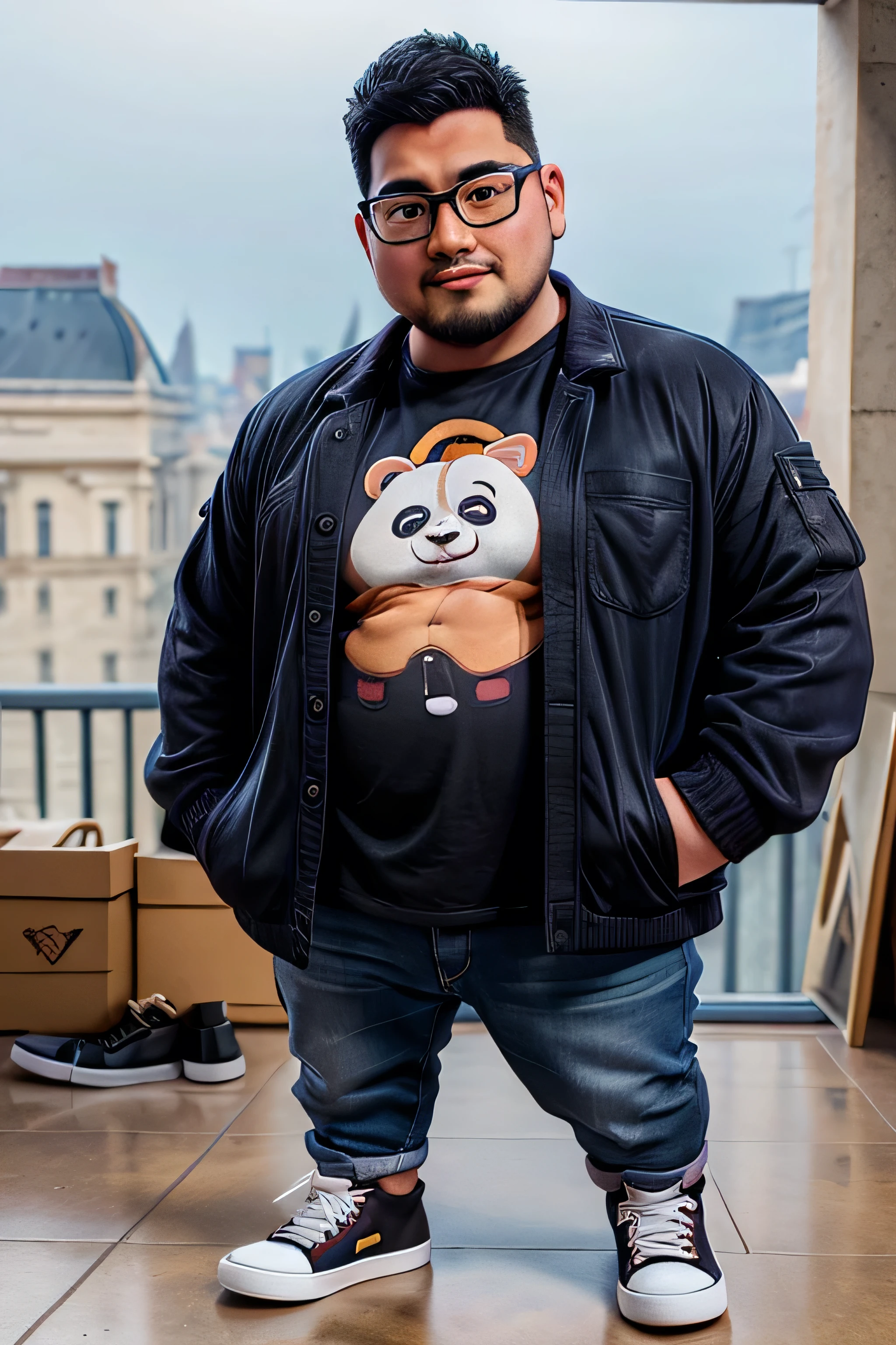 (8K. hyper-realistic, high definition, masterpiece) A tall and chubby otaku wearing glasses. brown hair. buffed and big tummy wearing a jacket. wearing a panda t-shirt. wearing dark jeans and black Chuck Taylor shoes. Inside the Louvre. evening blurred background.