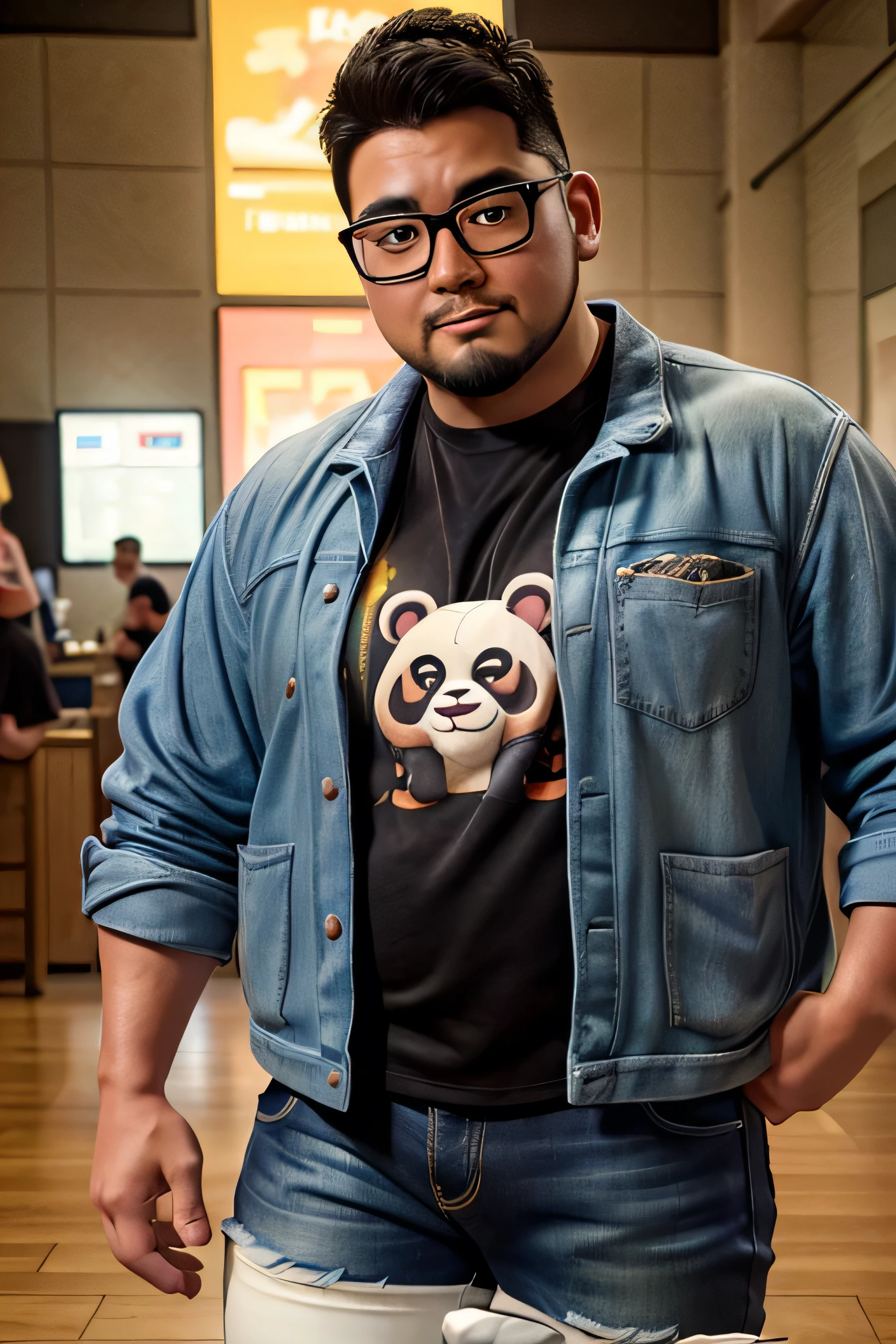 (8K. hyper-realistic, high definition, masterpiece) A tall and chubby otaku wearing glasses. brown hair. buffed and big tummy wearing a jacket. wearing a panda t-shirt. wearing dark jeans and black Chuck Taylor shoes. Inside the Louvre. evening blurred background.