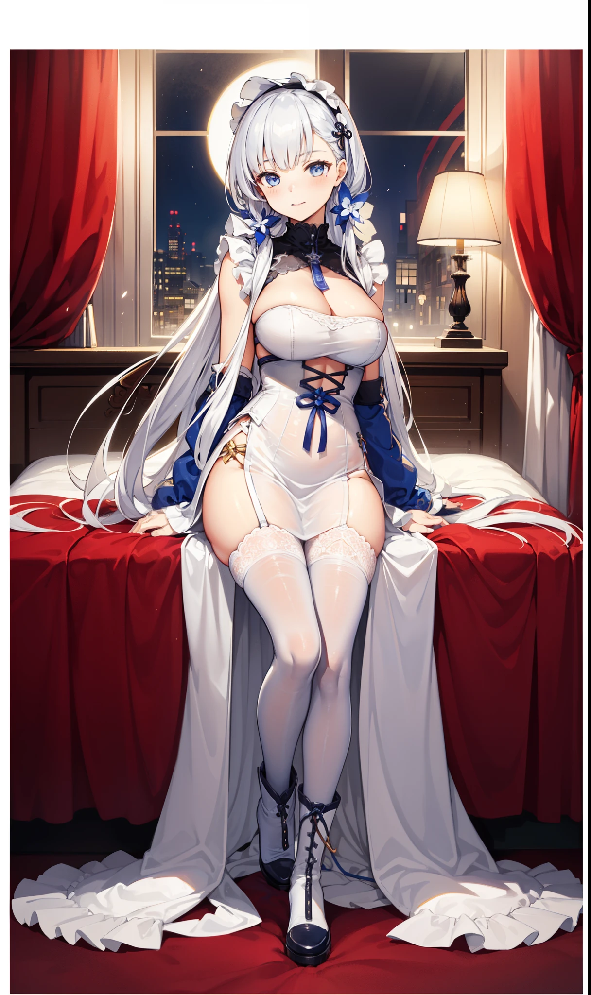 ((masterpiece)), (((best quality))), ((ultra-detailed)), ((illustration)), ((disheveled hair)), ((frills)), (1 girl), (solo)，1girl，alternative costume, blonde hair, blue eyes, blue flower, blue rose, blush, bouquet, breasts, bridal veil, bug, butterfly, choker, cleavage, clothing, crown, dress, female, flower, frilled dress, frills, frown, full body, gloves, headdress, headwear, insect, jewelry, large breasts, legwear, long hair, necklace, petals, pink legwear, rose, solo, strappy heels, thighhighs, tiara, torn clothes, torn dress, torn legwear, torn thighhighs, veil, wedding dress, white dress, white gloves, wince,