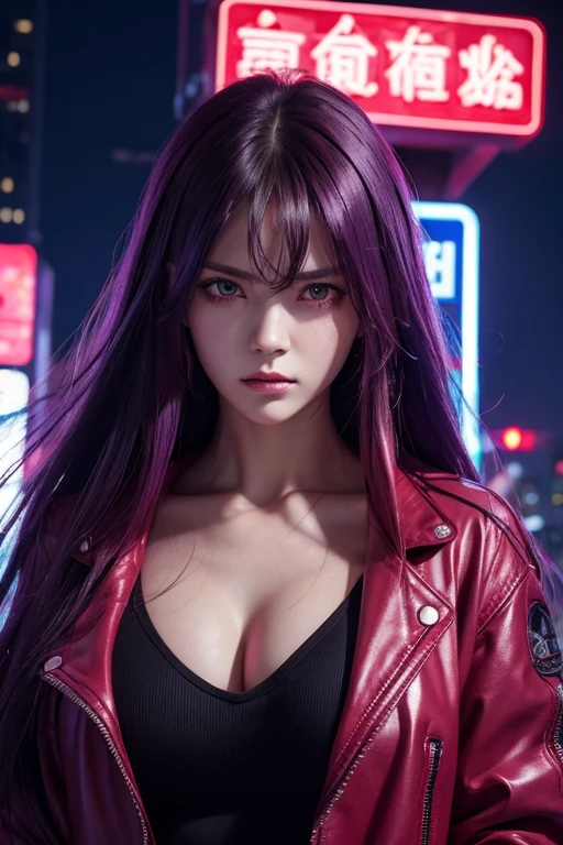 High image quality、High resolution、masterpiece、Female bust shot、Purple medium-long hair、Red Eyes、（Angry expression）、Short jacket、Cyberpunk、Neon Signs、（Composition viewed from below）、（Blur the background）