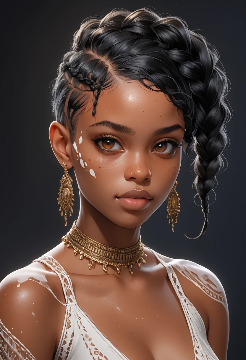 A strikingly unique character design sheet featuring a young Black woman with short braided hair and vitiligo on her skin. ((Her right arm is made of glass)), adding a fascinating and unexpected element to her appearance. The intricate details and hyper-realistic style of the image bring this character to life, capturing the viewer's attention with dynamic poses and vivid colors. This artwork is a masterpiece of visual storytelling, combining realism with imaginative flair to create a truly captivating depiction