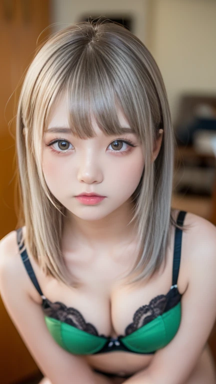 Best Quality,Ultra-high resolution,((Female junior high school student))((younger sister))((10th Generation)),1 person,whole body,Light grey hair, Green straight long hair cool look,Looking into the camera,Beautiful skin Yellow bra only,Small breasts,bed,ＭSplitting characters(Small Tits:1.3)