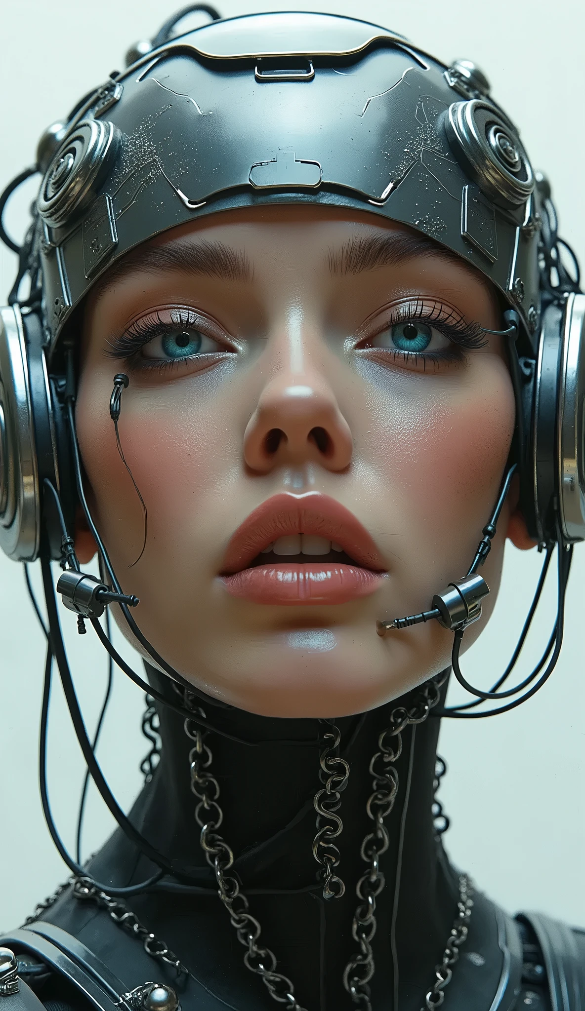 futuristic woman, sexy body, artificial enhancements, futuristic fashion, sci-fi, dystopian future, cyberpunk, sleek attire, neon city, advanced technology, future beauty, paolo roversi style, tim walker style, realistic, high quality, professional photography, photo by bella kotak, upper body shot