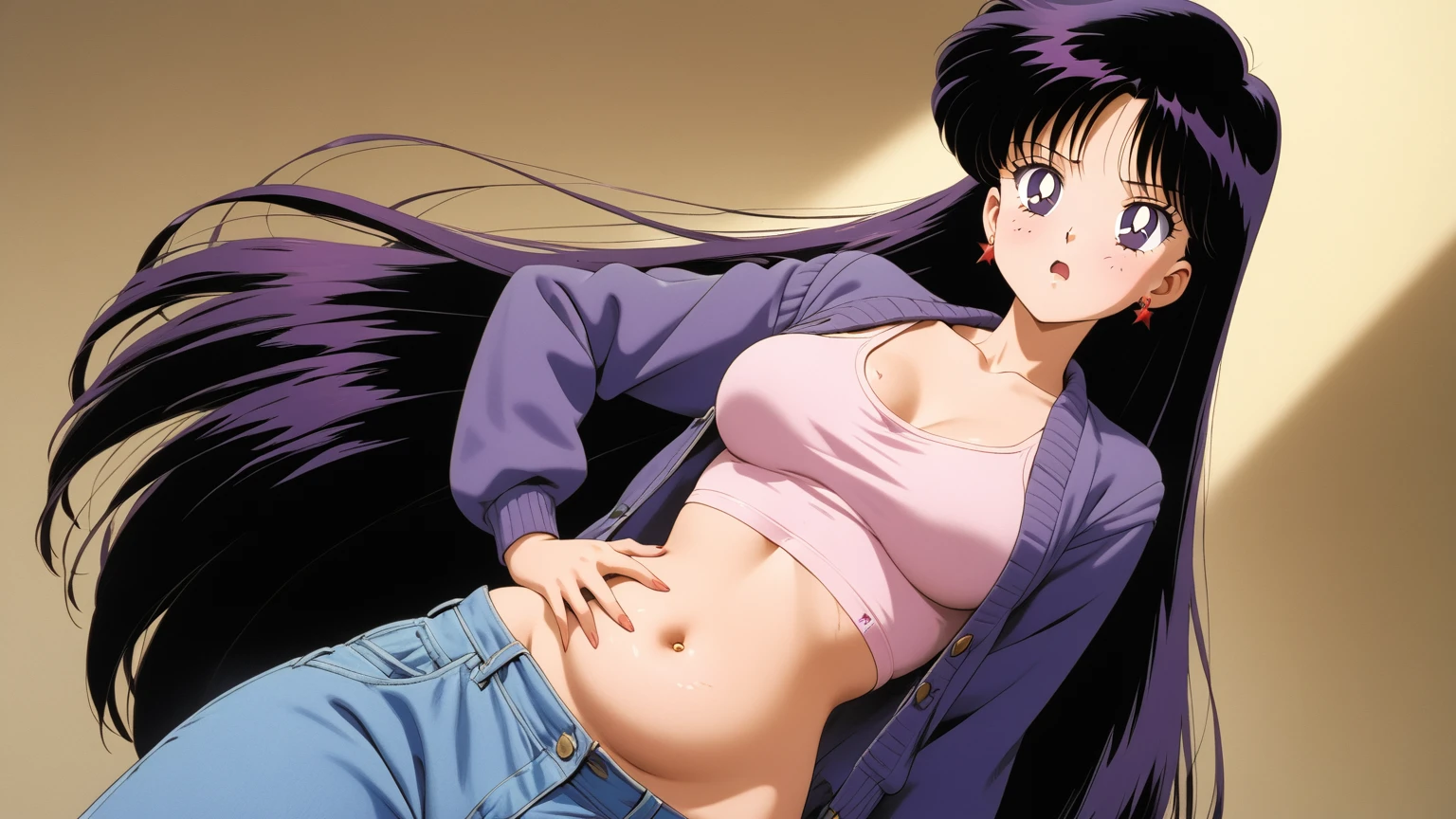 aamars, very long hair, black hair, parted bangs, purple eyes, 1990s \(style\), 1 girl, solo, Best quality, masterpiece, High Definition, Purple Jacket, Midriff, Belly Button, Shocked, Hipping, Looking At Belly, Belly Button Lint, Dirty Navel, Unbutton pants, pink underwear, 