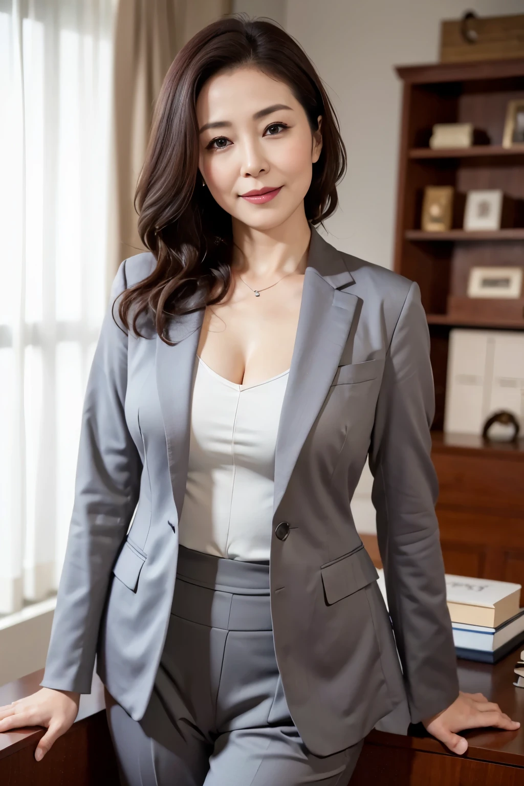 Beautiful Japanese Women、Beautiful Mature Woman、Elegant sex appeal、sexy、Perfect Lighting、Beauty、Transparent beauty、8K High Resolution、Beauty in natural light、High resolution、Photorealistic、Masterpiece、smile、Gravure quality、5 Mrs.、Dark lipstick、Big Ass、Grey Suit、Office Lady、Office District
