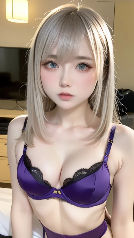 Best Quality,Ultra-high resolution,((Female junior high school student))((younger sister))((10th Generation)),1 person,whole body,Light grey hair, Purple straight long hair cool look,Looking into the camera,Beautiful skin Yellow bra only,Small breasts,bed,ＭSplitting characters(Small Tits:1.3)