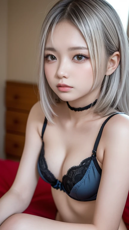 Best Quality,Ultra-high resolution,((Female ))((younger sister))((10th Generation)),1 person,whole body,Light grey hair, Black and red straight long hair cool look,Looking into the camera,Beautiful skin Light blue bra only,Small breasts,bed,ＭSplitting characters(Small Tits:1.3)