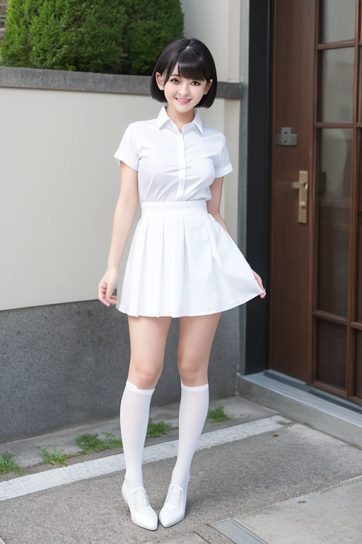 White knee-high socks、White dress shirt、White mini skirt、White pumps、Japanese women、whole body、Black Hair、short hair、Standing posture、smile、One person, High resolution, Gaze, Anatomically correct, Highest quality、20-year-old