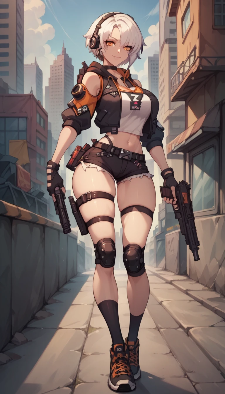 ultra-detailed, 1girl, anby, Zenless Zone Zero, (best quality), ((masterpiece)), (highres), 16K, orange eyes, perfect face, short hair, white hair, headphones, wearing black vest, wearing bootyshorts, black thighhighs, thigh straps, knee pads, holster, gloves, belt, sports shoes, busty body, large breasts and a beautiful ass, showcasing cleavage, legs, hips, gun, holding gun, looking at viewer, smile, detailed full body, thigh details, city background