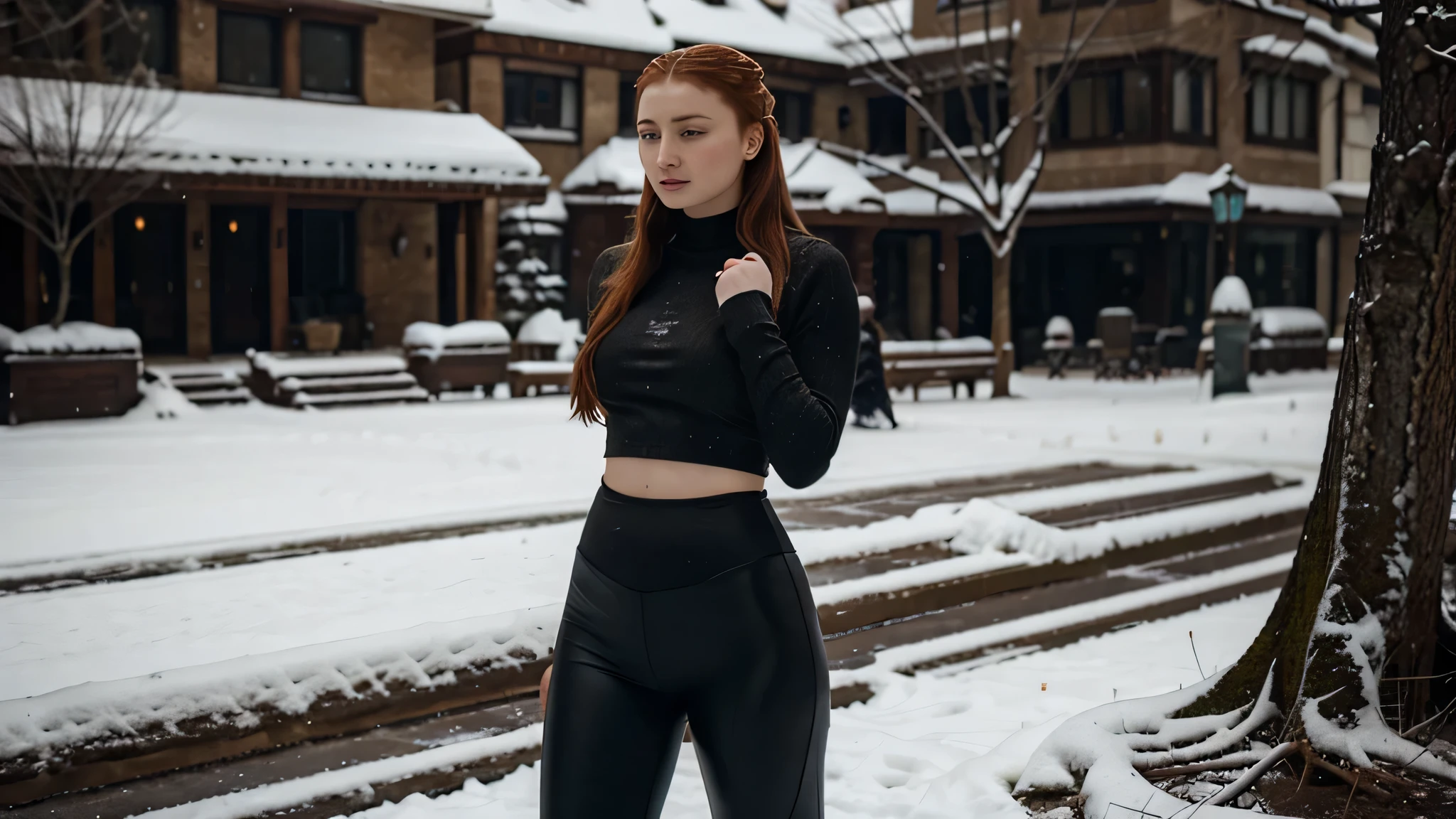 (best quality:1.5), (hyperrealistic:1.5), 16k, uhd, hires, alluring, 1woman, solo, 20_year_old_icelandic_woman, (tall_muscular_toned_body), (tight_blue_fitness_metallic_shirt), (tight_red_fitness_metallic_shorts), (tight_white_fitness_boots), braided_short_blonde_haired, hazel_eyed, pale_skin, running_in_snowy_forest, dark_night_scenery, front_view, wet_body, wet_hair, ripped_abs, smiling