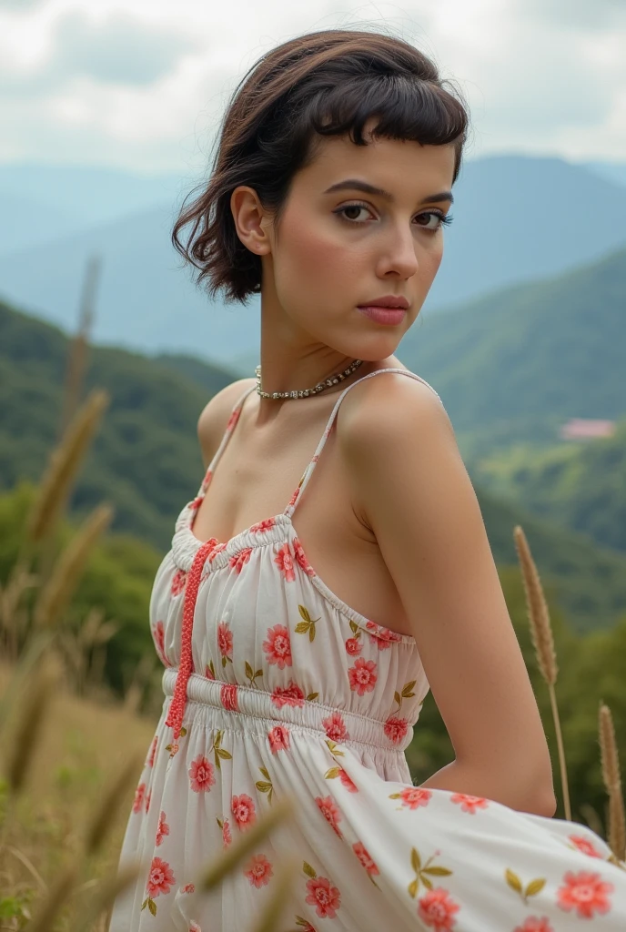 beautiful woman, short severely shaved undercut hair, wearing a floral sun dress, very short dark hair, dress flowing in the warm breeze of the mountains