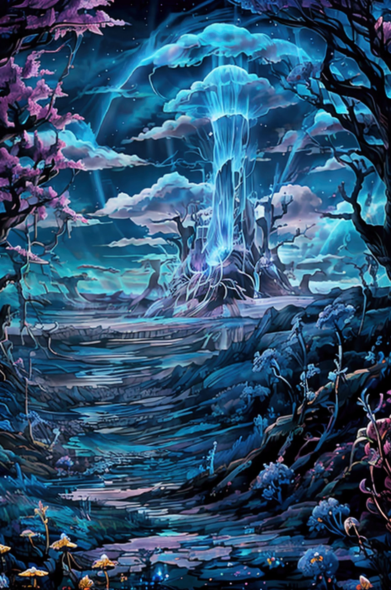 Here are a few prompts based on the image you described: Fantasy/Anime-Inspired: * "A lone tree stands tall amidst a field of glowing flowers under a vibrant blue sky filled with swirling clouds and ethereal lights." * "In a dreamlike world, a solitary tree casts a tranquil shadow over a vast field of shimmering white flowers beneath a celestial arch." Nature-Focused: * "A breathtaking landscape of a single tree bathed in sunlight, surrounded by a sea of delicate white flowers against a backdrop of a clear blue sky and fluffy clouds." * "A serene scene of a solitary tree standing sentinel over a field of white wildflowers, illuminated by the soft glow of the setting sun." Surreal/Dreamlike: * "An otherworldly image of a tree with iridescent leaves, surrounded by a field of glowing flowers that seem to dance in the breeze under a sky painted in shades of blue and purple." * "A surreal vision of a tree with roots that reach into the clouds, standing amidst a field of flowers that bloom with the colors of the rainbow." You can further customize these prompts by adding specific details or emotions, such as: * "A feeling of peace and tranquility washes over the scene." * "A sense of wonder and awe fills the air." * "The tree seems to be a symbol of resilience and strength." * "The flowers represent purity and innocence." Let me know if you'd like me to generate more prompts or if you have any other questions. , 32k