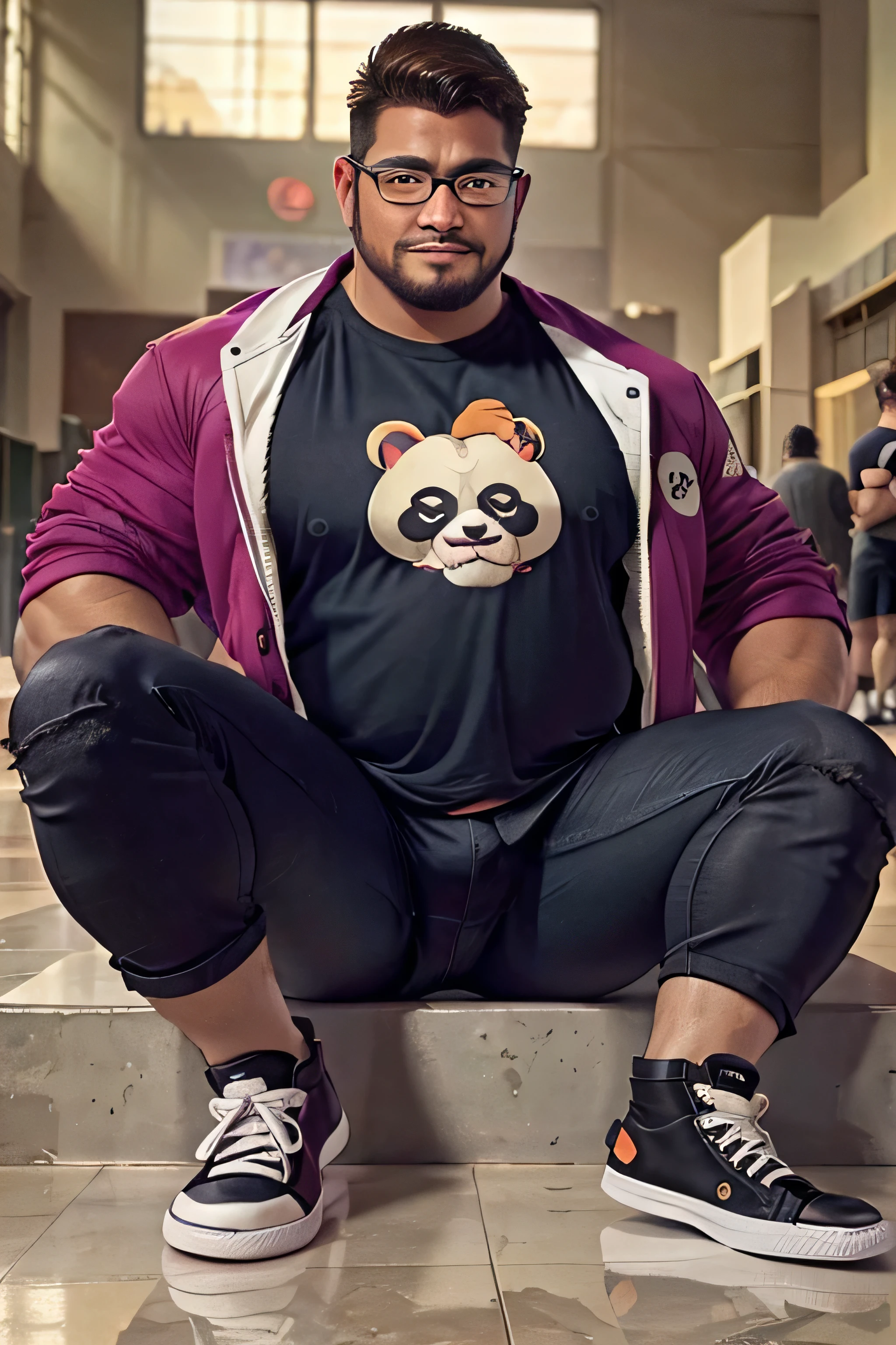 (8K. hyper-realistic, high definition, masterpiece) A tall and obese otaku wearing glasses. brown hair. big tummy wearing a jacket. wearing a panda t-shirt. wearing dark jeans and black Chuck Taylor shoes. Inside the Louvre. evening blurred background.