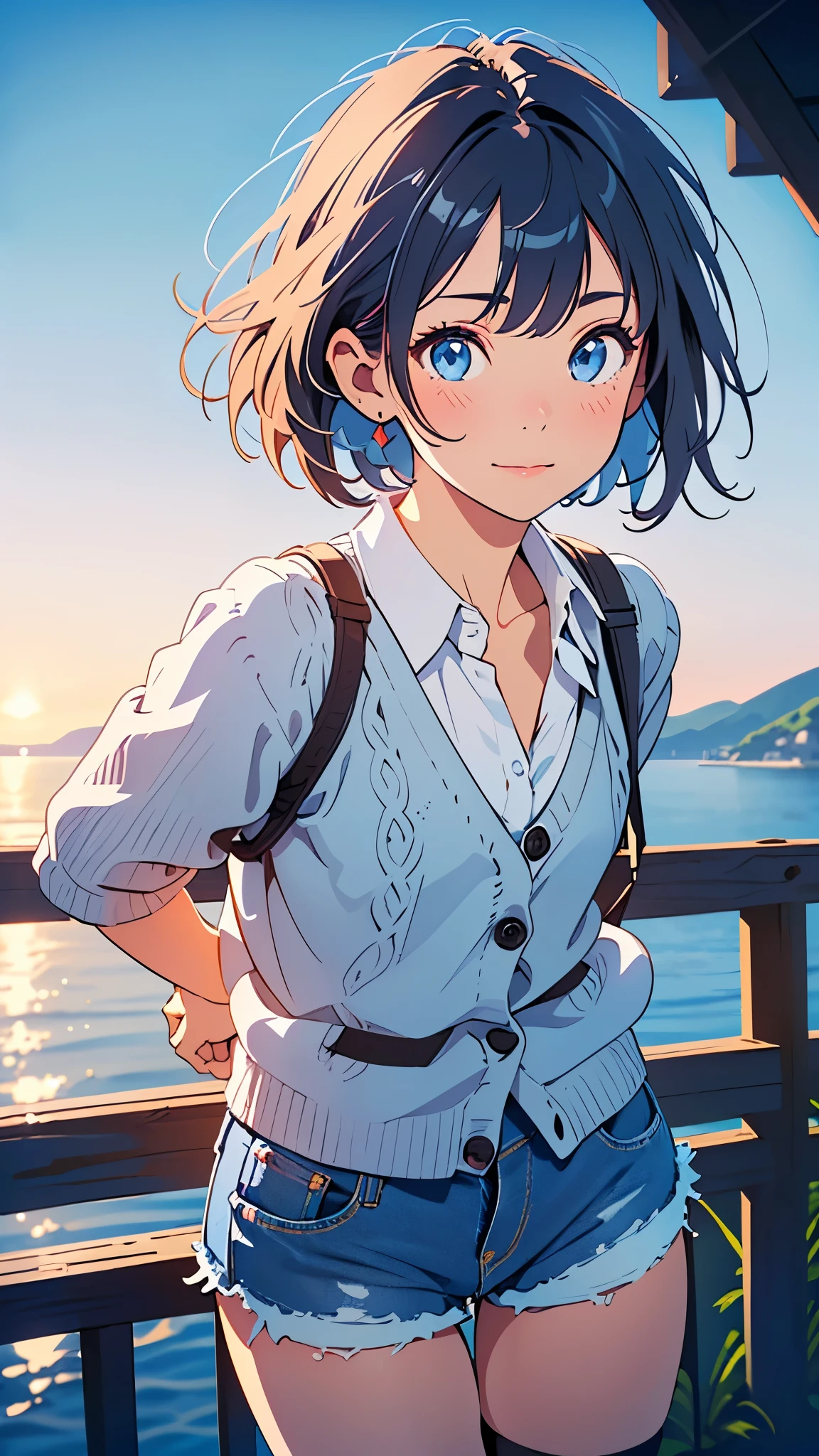 Illustration of a cute boy. ((He is wearing very short denim shorts. He is wearing a cardigan over his shirt and denim shorts and black short tights)). He is smiling with his head tilted to the side. The background is a night view of a hill with a view of the sea. break, 1boy, (solo), (young boy), ((very short hair, pixie cut hair, shiny black hair)), ((sparkling clear blue eyes)), (flat chest), break, (standing), (best quality, high quality, ultra high res), (masterpiece, 8k), ((detailed blue eyes)), detailed hair, detailed face, (arms behind back), night, beautiful background, background blur, beautiful illustration, ((from front)), ((leaning forward)), ((detailed shading)),