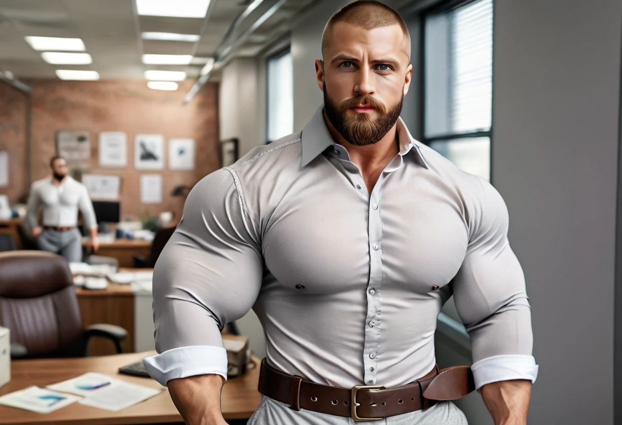 (Knee shot: 1.5), 1men, A hyper-realistic, 1men, slightly overweight white English man, (buzz cut: 1.3), Beard face, In NY Office, bodybuilder, (handsome face: 1.4), (round face: 1.3), (his muscles: 1.3), (Wearing a small and tight white dress shirt, a darkbrown belt, a small tight gray office suit pants: 2.5), (huge muscle ass: 1.3), masterpiece, 8k, depth of field, The quality is 8K ultra-detailed, with hyper-realistic textures on the skin, beard, and fabric of the shirt. The background features other people in soft focus, blending into the warm ambiance of the setting.(Detailed eyes), (Detailed face ), (Handsome face), (Shiny oily skin: 1.4), gigachad, beautiful face, Dynamic lighting, (Masterpiece 2), (Best quality 2), (Detailed 2), (skin Realistic 3), hyperrealistic, Professional photography, Depth of field,