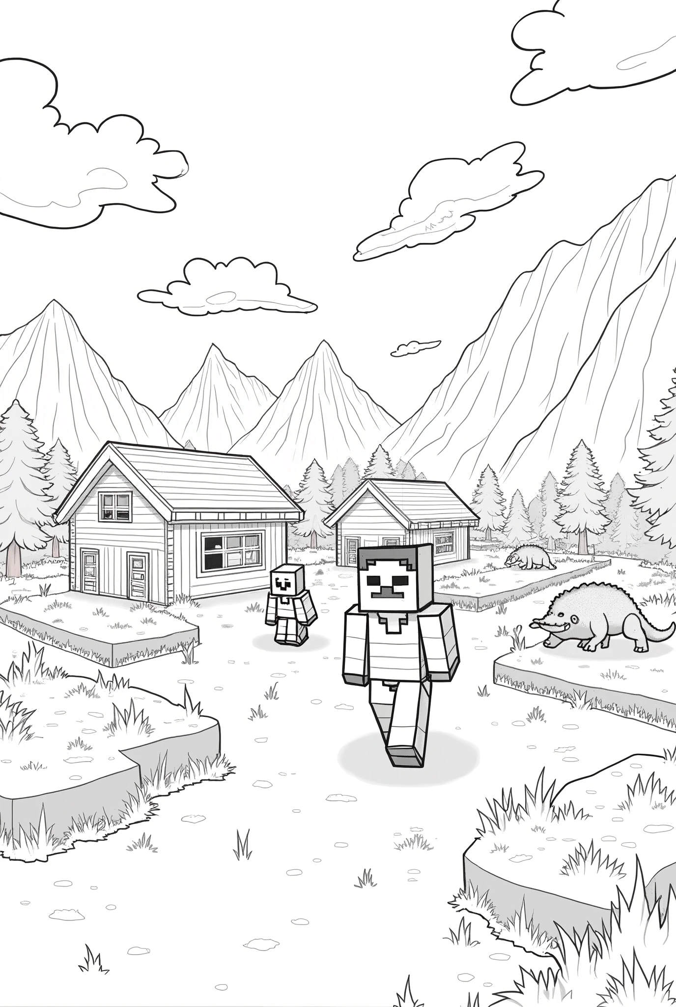 create a black and white illustration for a young gamer to color to a thumbnail for Minecraft found 2 villages with the presence of dinosaurs in the landscape model color pages now! on seed 1524405280