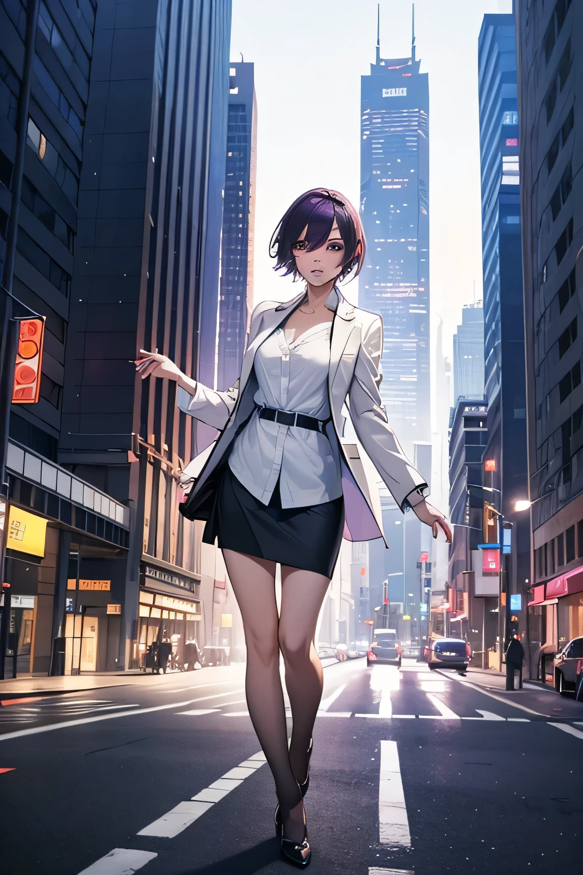 anime、High image quality、High resolution、A woman getting out of a taxi、secretary、Purple short hair、Beautiful Eyes、Short white jacket、A shirt with a wide open chest、A short, tight black skirt、Full body portrait、At dusk in the city、Skyscrapers、Empty Street、Strong backlighting、