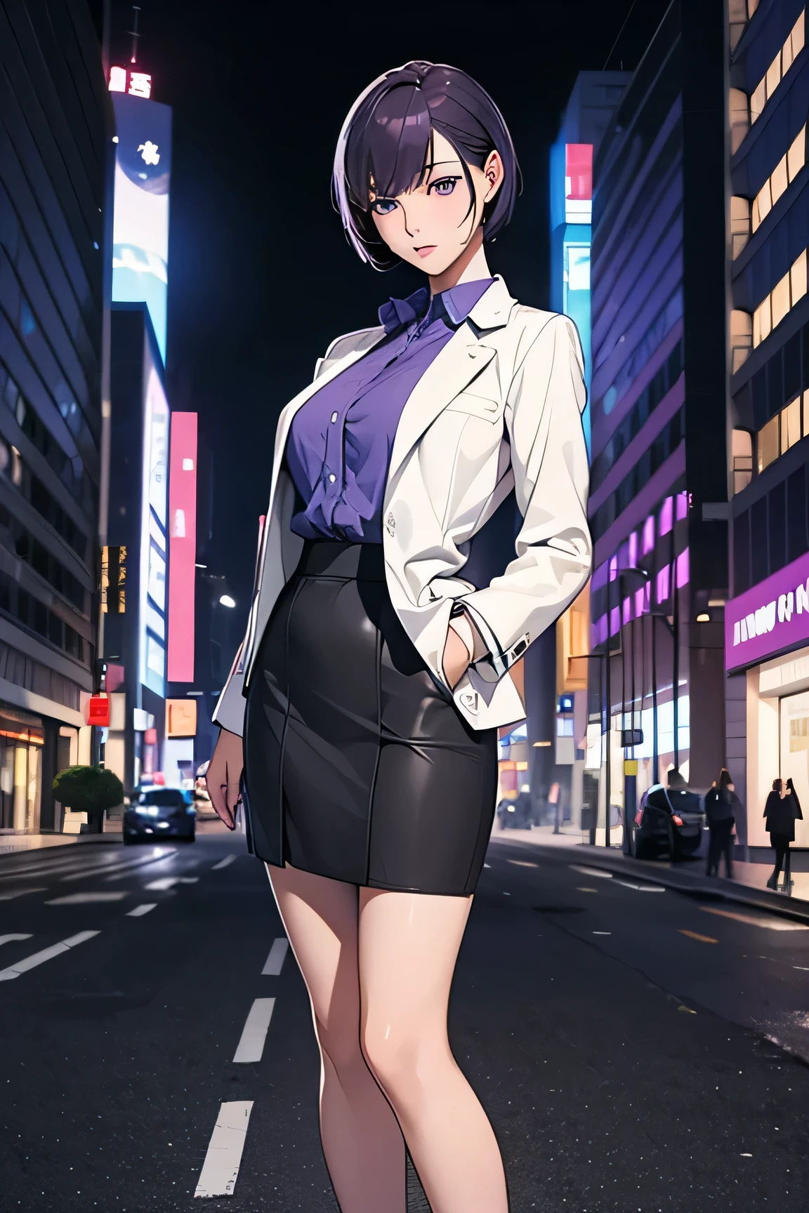 anime、High image quality、High resolution、A woman getting out of a taxi、secretary、Purple short hair、Beautiful Eyes、Short white jacket、A shirt with a wide open chest、A short, tight black skirt、Full body portrait、At dusk in the city、Skyscrapers、Empty Street、Strong backlighting、
