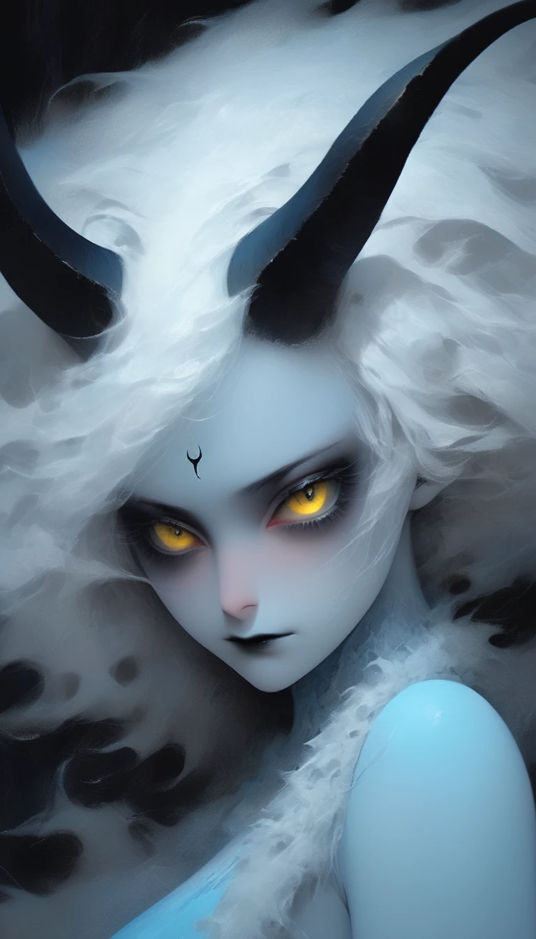 (by Dagasi: 1.1), BREAK, masterpiece, high resolution, 8K, detailed background, high quality, BREAK, BREAK, ((Light blue fur, by white, black sclera, ghost horn, [2 horns, yellow eyes, spongy, detailed fur)) by, BREAK, female, humanoid, Bermuda, trident, Swimsuit