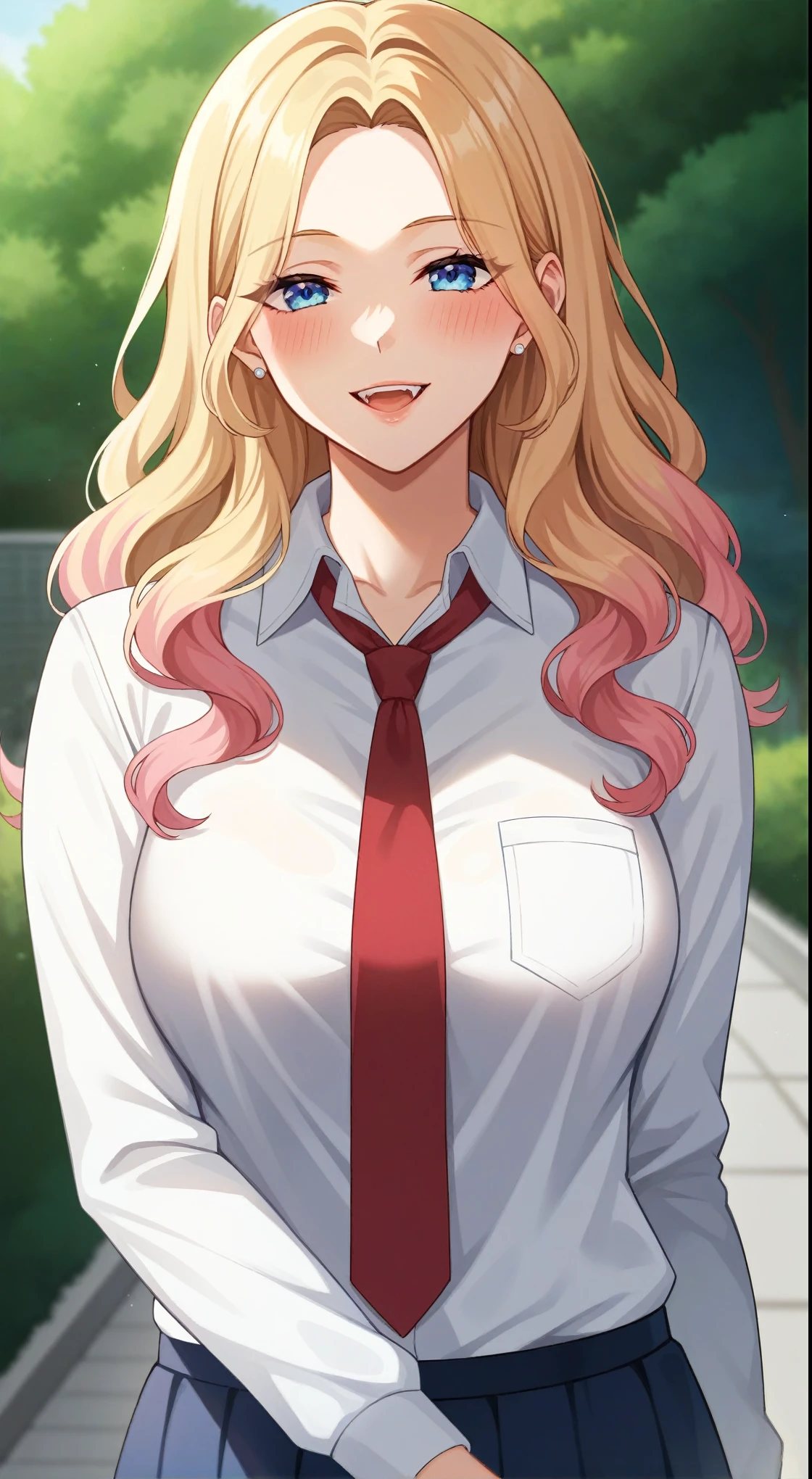 Adult, female, mature, Kitagawa Marin, very shy and blushing, fuzzy ears, fluffy tail, fangs, walking on the street, trees and white f, nerdy, blonde with pink highlights, with long pigtails, shaggy hair, big blue eyes, voluminous bangs, parted bangs, long hair with bangs, hair in the eyes, perfect red eyes, perfect blue irises, voluptuous body, medium breasts, plump lips, slender figure, beautiful, long-sleeved blouse, tie, neckline, school-girl blue skirt, in front of the house, trees and flowers, stairs, beautiful clothes, sensual pose, techno, at night, in cyber decor, sexy woman, very flushed, naughty smile, mischievous, happiness, very blushing with shyness, seductive, close up, (Masterpiece, Anatomically Correct, Accurate, Best Quality, Detail, High Details, Quality, Super Detailed, High Quality, Skin Detail, Amazing Skin Detail), (SuperQuality:1.0) ~ (SuperQuality:1.2)