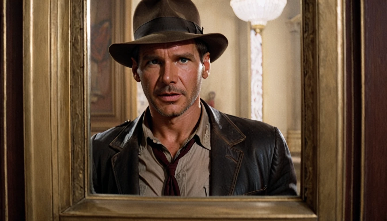 Movie poster of Indiana Jones looking into a mirror ; museum background, intrigued, mysterious 