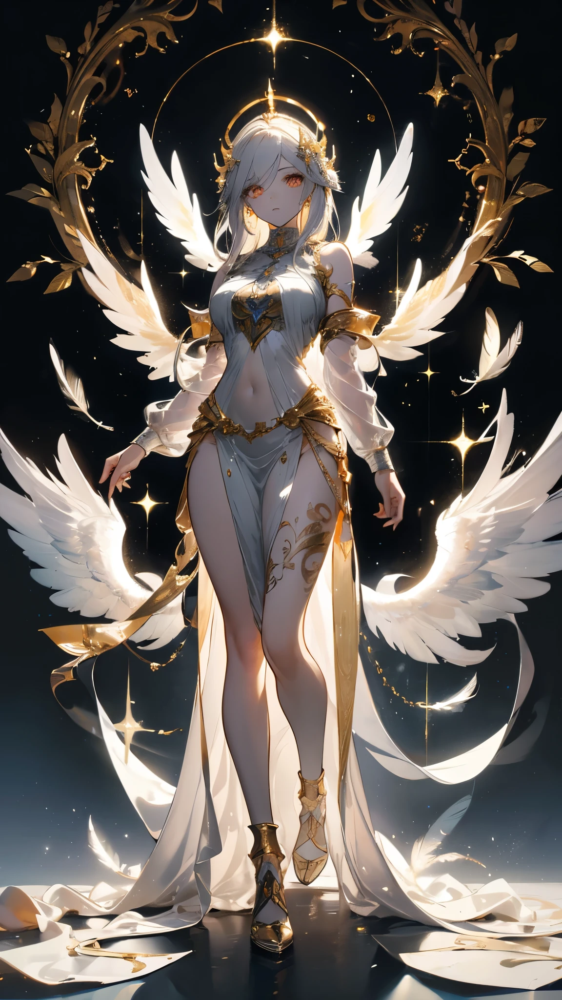 ((masterpiece， Best quality))，whole body，Standing picture，Gold and grey and white，Angel，Wings of Steel，Ink style，feather，Detailed face，whole body，Perfect body proportions，Glowing eyes，sexy，Tattoo，extremely beautiful，transparent