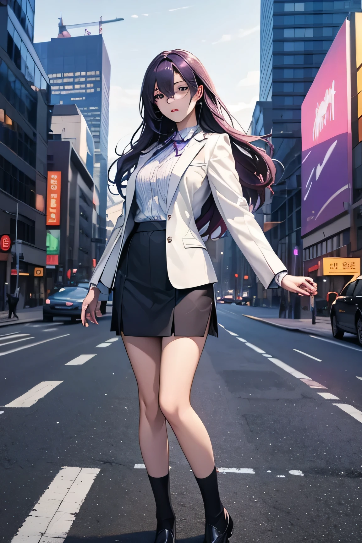 anime、High image quality、High resolution、A woman getting out of a taxi、secretary、Purple long hair、Beautiful Eyes、Short white jacket、（A shirt with a wide open chest）、（A short, tight black skirt）、Full body portrait、At dusk in the city、Skyscrapers、Empty Street、（Strong backlighting）、