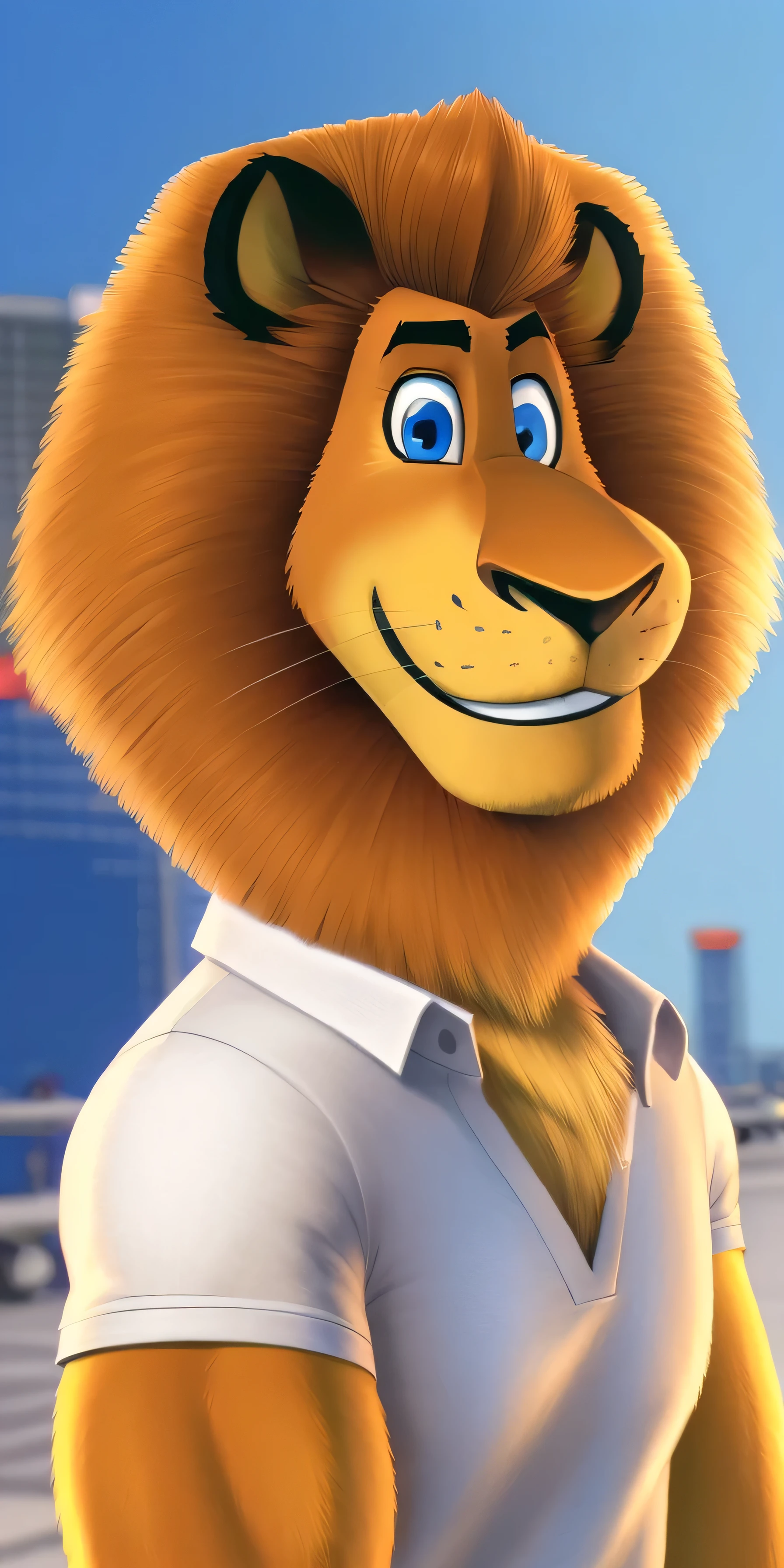 AlexLion, solo, cartoony proportions, correct anatomy, muscular body, biceps anatomy correct, big biceps, extremely beautiful and cute face, perfect face, ultra quality face, perfect eyes, ultra quality eyes, perfectly detailed blue eyes, white iris with perfectly detailed pupils, ultra quality fur, soft and delicate fur, white polo shirt with short sleeves, green cargo shorts with brown belt, Skechers Casual Sandals, airport background, gently looking at viewer, cute smiling, radiant, cute, handsome, beautiful, kind, sweety, extremely charismatic, majestic, absolute beautiful, the most handsome man ever, pure perfection, friendly, simply irresistible, well-mannered, polite, cultural, grin, attractive, charming, super good looking, hot, sexy, mature, adult, pacifist, calm, close up of the face, face focus, ultra detalization, perfect detalization, perfectly detailed, ultra HD quality, highest resolution, 4k, 8k.