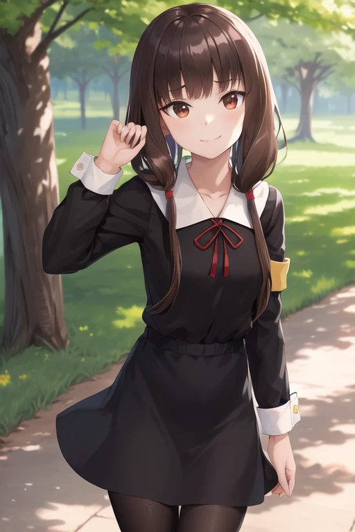 masterpiece, best quality, highres, bbmiko, long hair, low twintails, blunt bangs, collarbone, neck ribbon, red ribbon, black dress, black shirt, long sleeves, black sleeves, armband, black pantyhose, standing, cowboy shot, outdoors, smile, closed mouth,