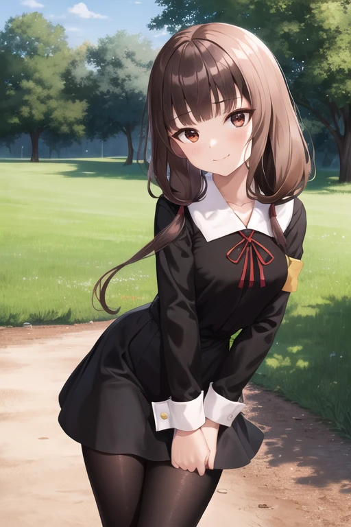 masterpiece, best quality, highres, bbmiko, long hair, low twintails, blunt bangs, collarbone, neck ribbon, red ribbon, black dress, black shirt, long sleeves, black sleeves, armband, black pantyhose, standing, cowboy shot, outdoors, smile, closed mouth,