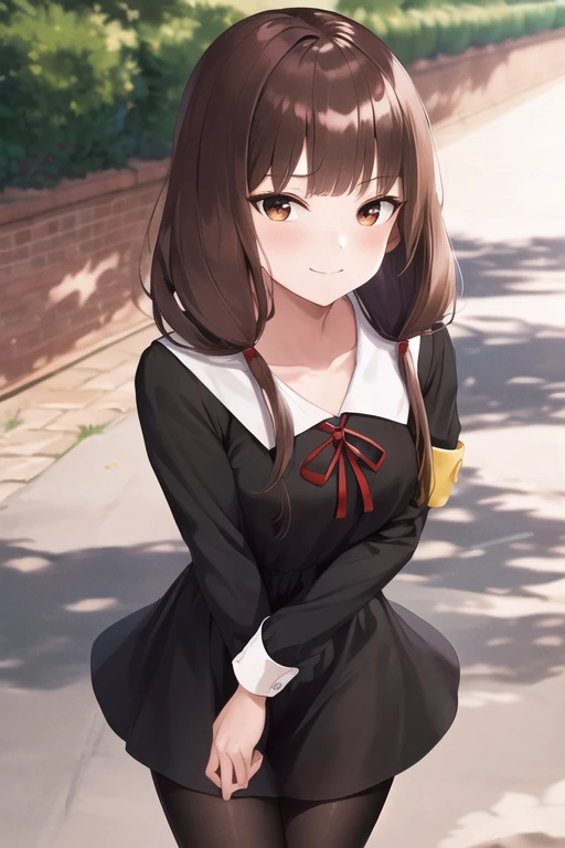 masterpiece, best quality, highres, bbmiko, long hair, low twintails, blunt bangs, collarbone, neck ribbon, red ribbon, black dress, black shirt, long sleeves, black sleeves, armband, black pantyhose, standing, cowboy shot, outdoors, smile, closed mouth,