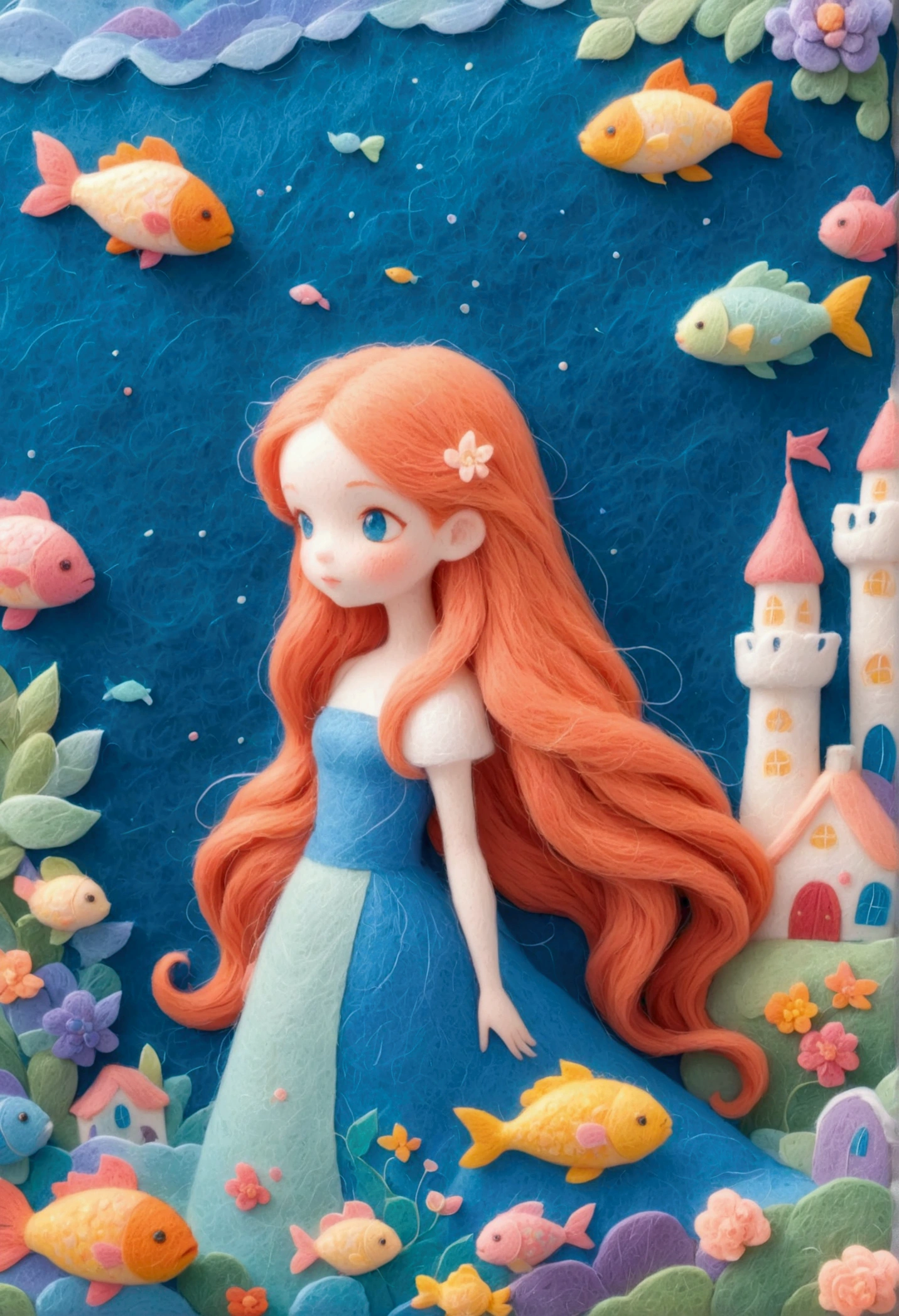 A delicate felt painting：Girl with long red hair，Dreamy and beautiful，Fairy Tale World，fish