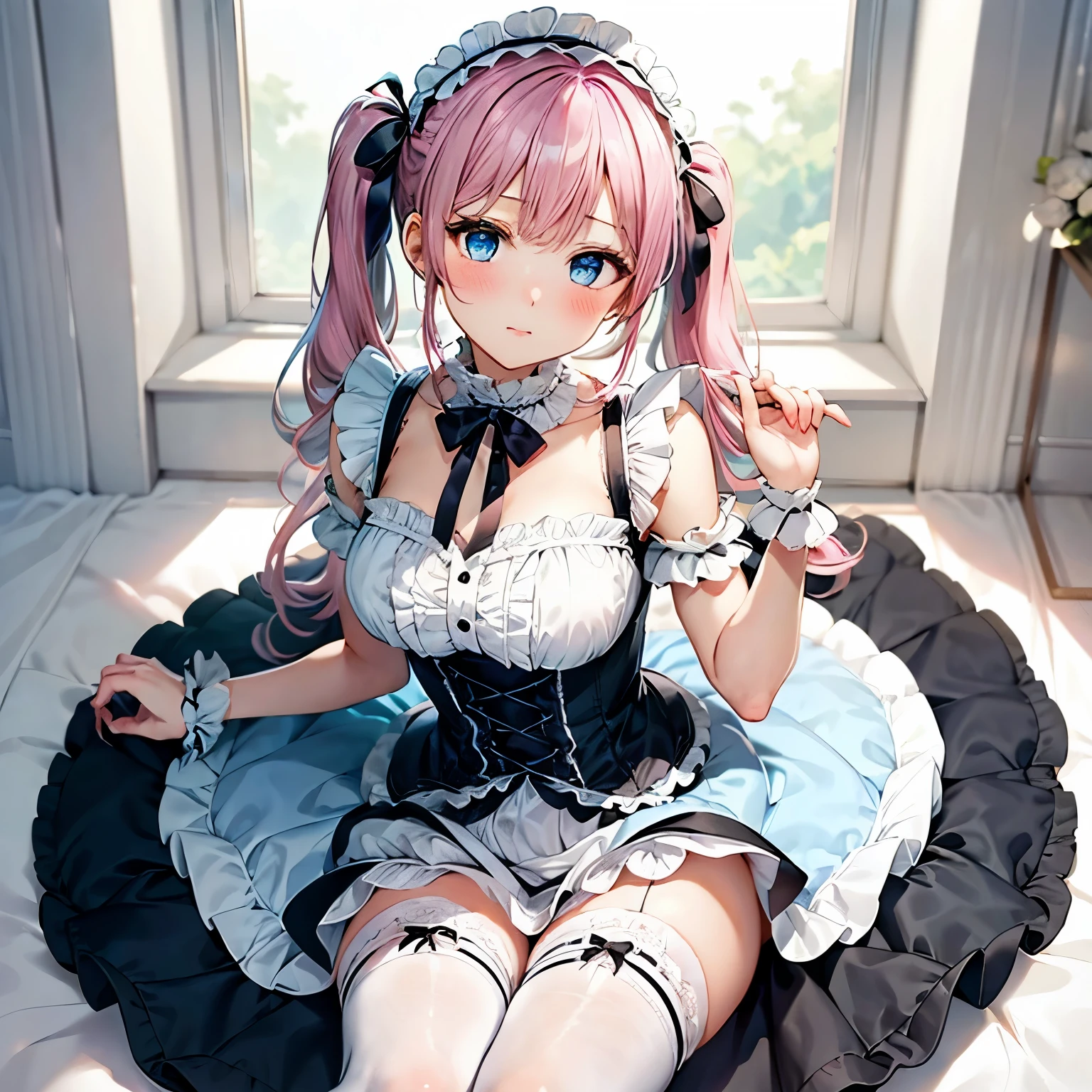 "A cute anime-style girl with pink hair styled in large, tied twin tails, light blue eyes, wearing a frilly Gothic ta fashion outfit based on black, a white frilly headband with many frills on her head, white tights, and white loafers."