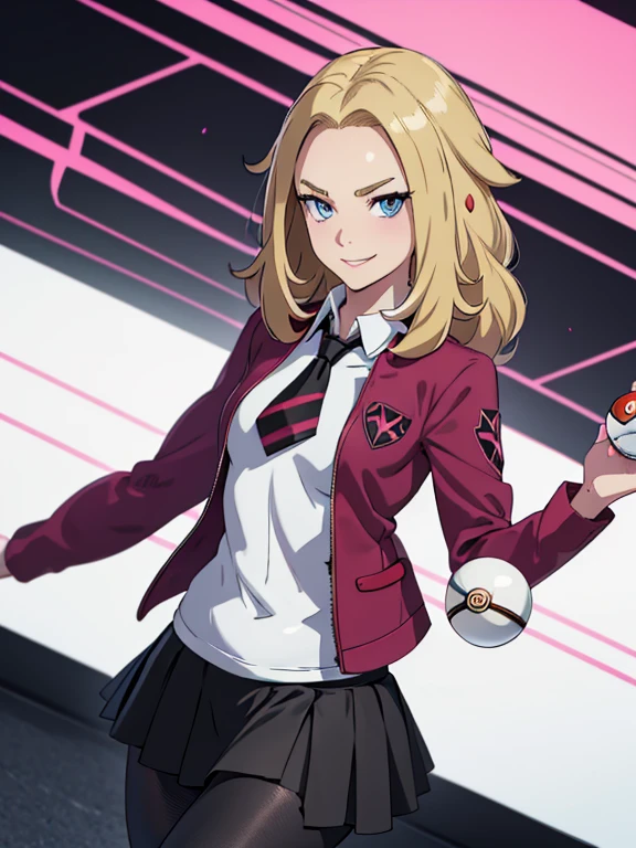 (masterpiece:1.2), best quality, high resolution, unity 8k wallpaper, (illustration:0.8), (beautiful detailed eyes:1.6), extremely detailed face, perfect lighting, extremely detailed CG, (perfect hands, perfect anatomy), a Lass from Pokemon Sword and Shield, blonde hair, blue eyes. (holding a poke ball:1.3). (Wearing: A school uniform, opened magenta jacket, white undershirt, magenta tie, short black skirt and black shiny leggings). Arrogant smile on face, she’s adventurous and ready for a Pokemon battle.