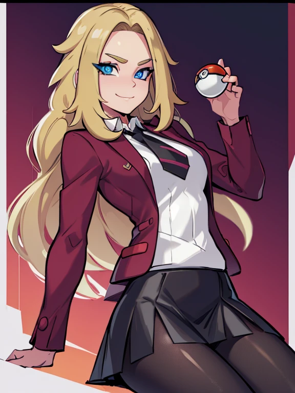 (masterpiece:1.2), best quality, high resolution, unity 8k wallpaper, (illustration:0.8), (beautiful detailed eyes:1.6), extremely detailed face, perfect lighting, extremely detailed CG, (perfect hands, perfect anatomy), a Lass from Pokemon Sword and Shield, blonde hair, blue eyes. (holding a poke ball:1.3). (Wearing: A school uniform, opened magenta jacket, white undershirt, magenta tie, short black skirt and black shiny leggings). Arrogant smile on face, she’s adventurous and ready for a Pokemon battle.