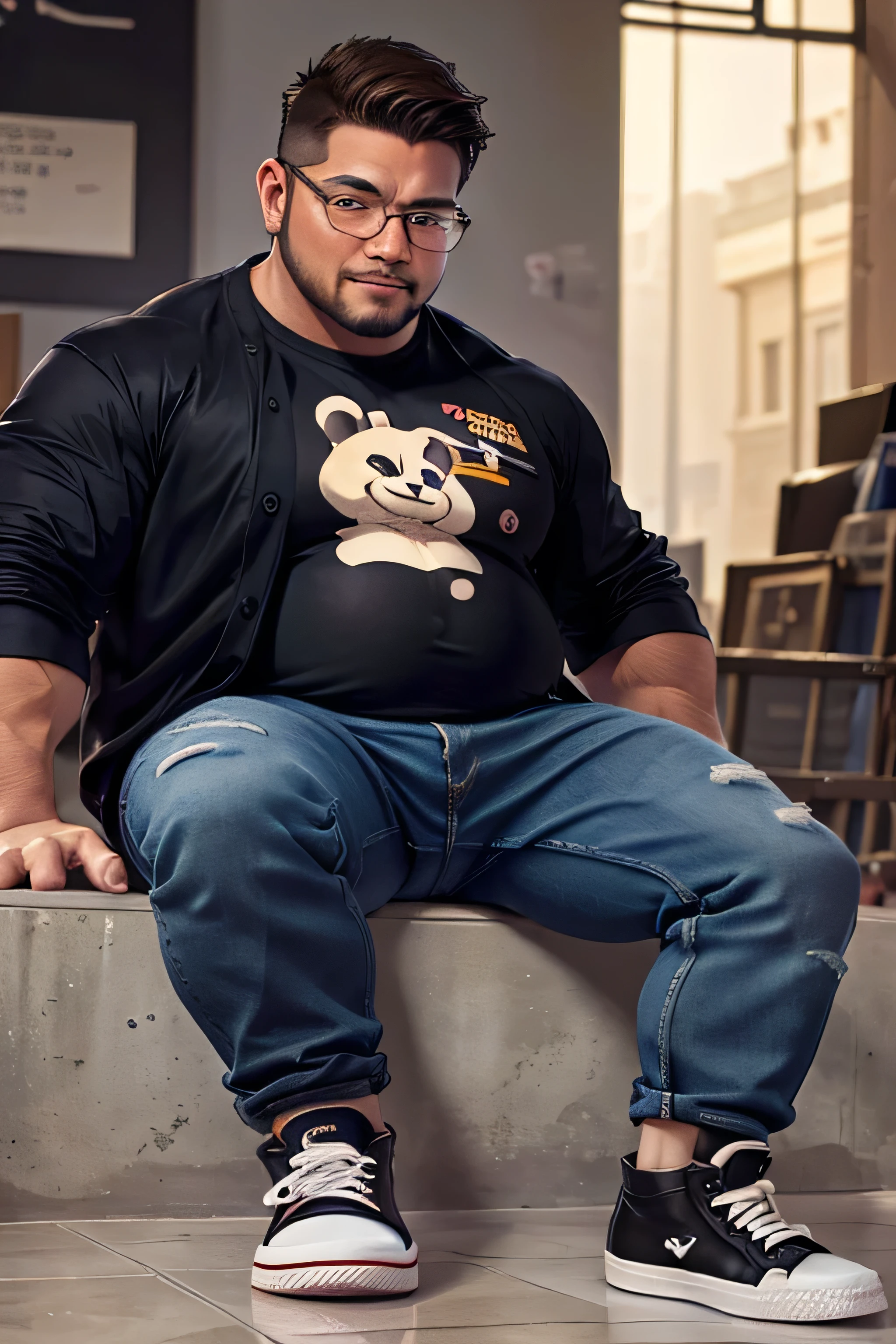 (8K. hyper-realistic, high definition, masterpiece) A tall and obese otaku wearing glasses. brown hair. big tummy wearing a jacket. wearing a panda t-shirt. wearing dark jeans and black Chuck Taylor shoes. Inside the Louvre. evening blurred background.