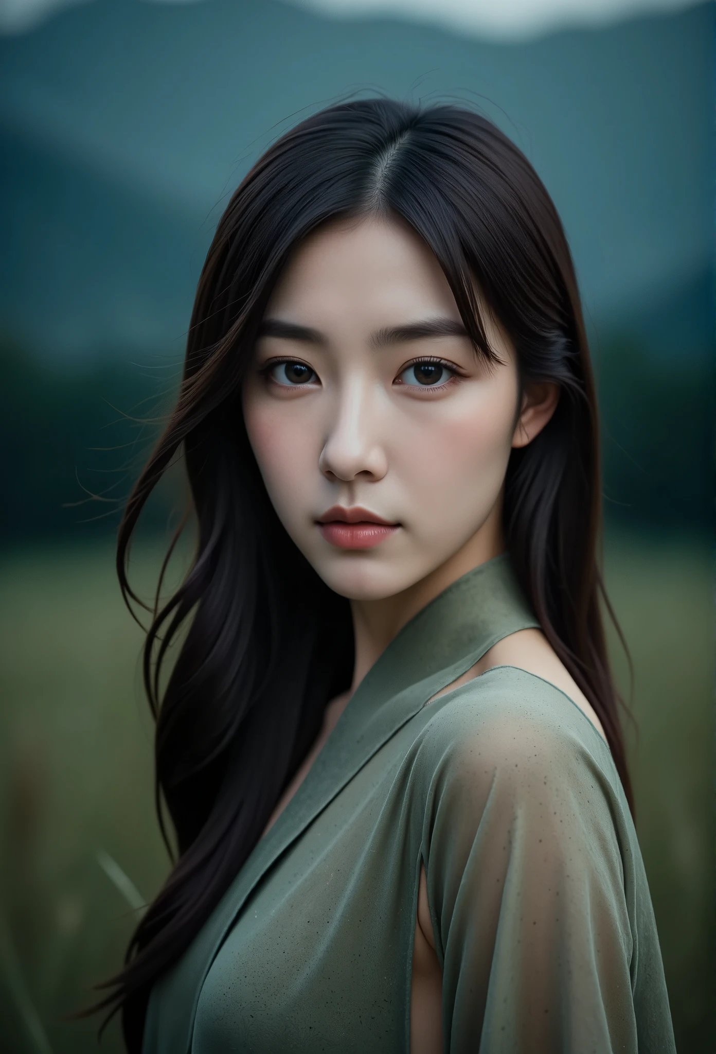 8K, best quality, masterpiece, realistic, ultra detail, photo realistic, Increase quality, a photo of a east asian girl standing in a field with a scarf, in the style of dark and brooding designer, voluminous mass, photobash, serene faces, jagged edges, navy, natural beauty, 　