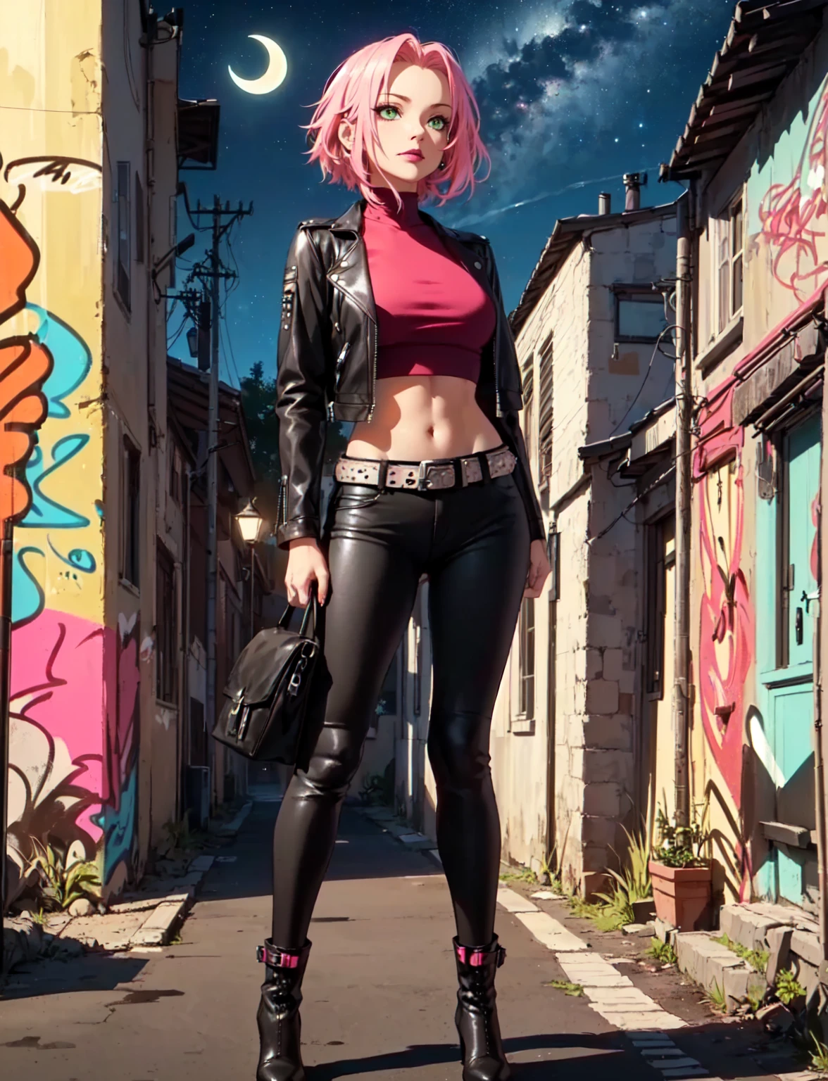 ((solo, 1woman, (harunoshipp, haruno sakura, sakura_haruno, Haruno Sakura, pink hair, short hair, green eyes, small bust), lipstick, Extremely detailed, ambient soft lighting, 4k, perfect eyes, a perfect face, perfect lighting, a 1girl)), ((solo, (1woman, lipstick), Extremely detailed, ambient soft lighting, 4k, perfect eyes, a perfect face, perfect lighting, a 1girl)), , ((fitness,, shapely body, athletic body, toned body)), (( biker woman, rocker woman, punk woman, black jacket, leather jacket, gray top tank, black pants, leather pants, belt, leather boots, knee-high boots, high-heeled boots, stiletto boots, night, sky, constellations, milky way, crescent moon, alley, graffitied walls, lane, smug))