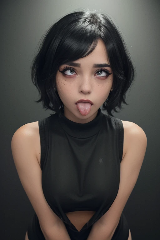 Tall emo woman with model body and hair covering her eyes and She will have two tall masters