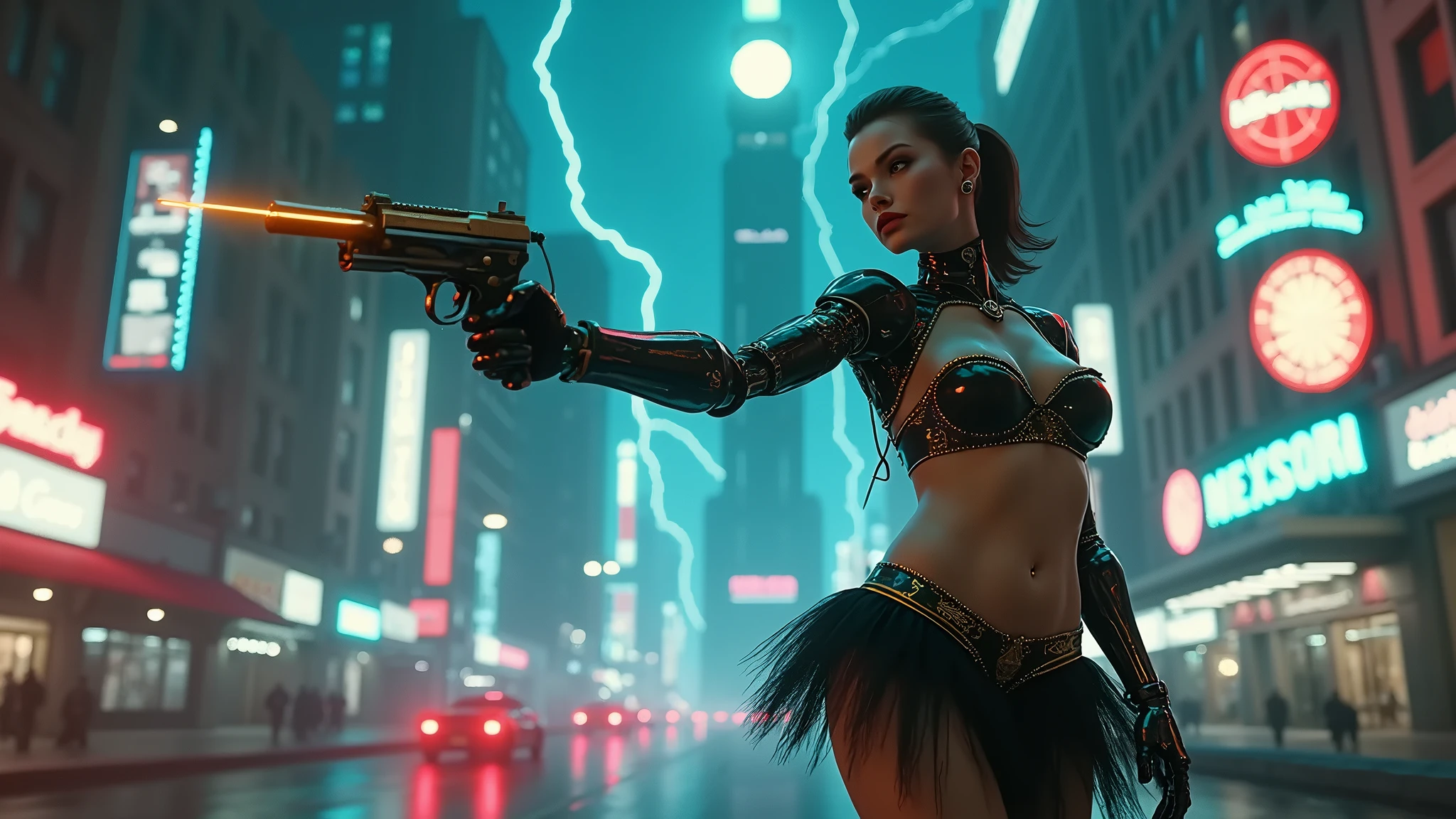 (((aerial view))), Blade Runner style futuristic railway platform, hi-tech train, neon lights, rainy night. (1girl, solo, alone), large-breast:1.2 slim body, cleavage:1.1, sexy wind blowing wet dress:1.4, headphone, (black sunglasses), (((she raised a pistol:1.8 and shot:1.8 the viewer))), dynamic pose, (((half-body thigh level medium shot))), cinematic lighting, lens flare, ray tracing, blurred:1.4 background.