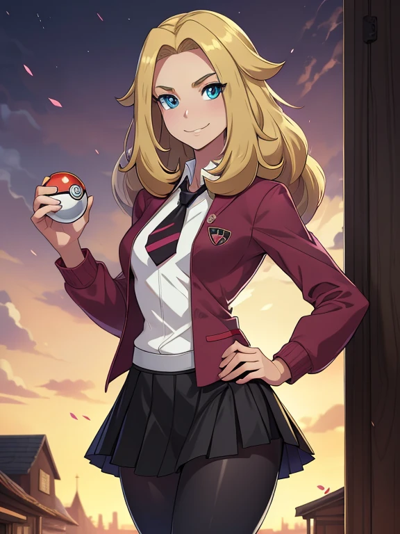 (masterpiece:1.2), best quality, high resolution, unity 8k wallpaper, (illustration:0.8), (beautiful detailed eyes:1.6), extremely detailed face, perfect lighting, extremely detailed CG, (perfect hands, perfect anatomy), a Lass from Pokemon Sword and Shield, blonde hair, blue eyes. (holding a poke ball:1.3). (Wearing: A school uniform, opened magenta jacket, white undershirt, magenta tie, short black skirt and black shiny leggings). Arrogant smile on face, she’s adventurous and ready for a Pokemon battle.