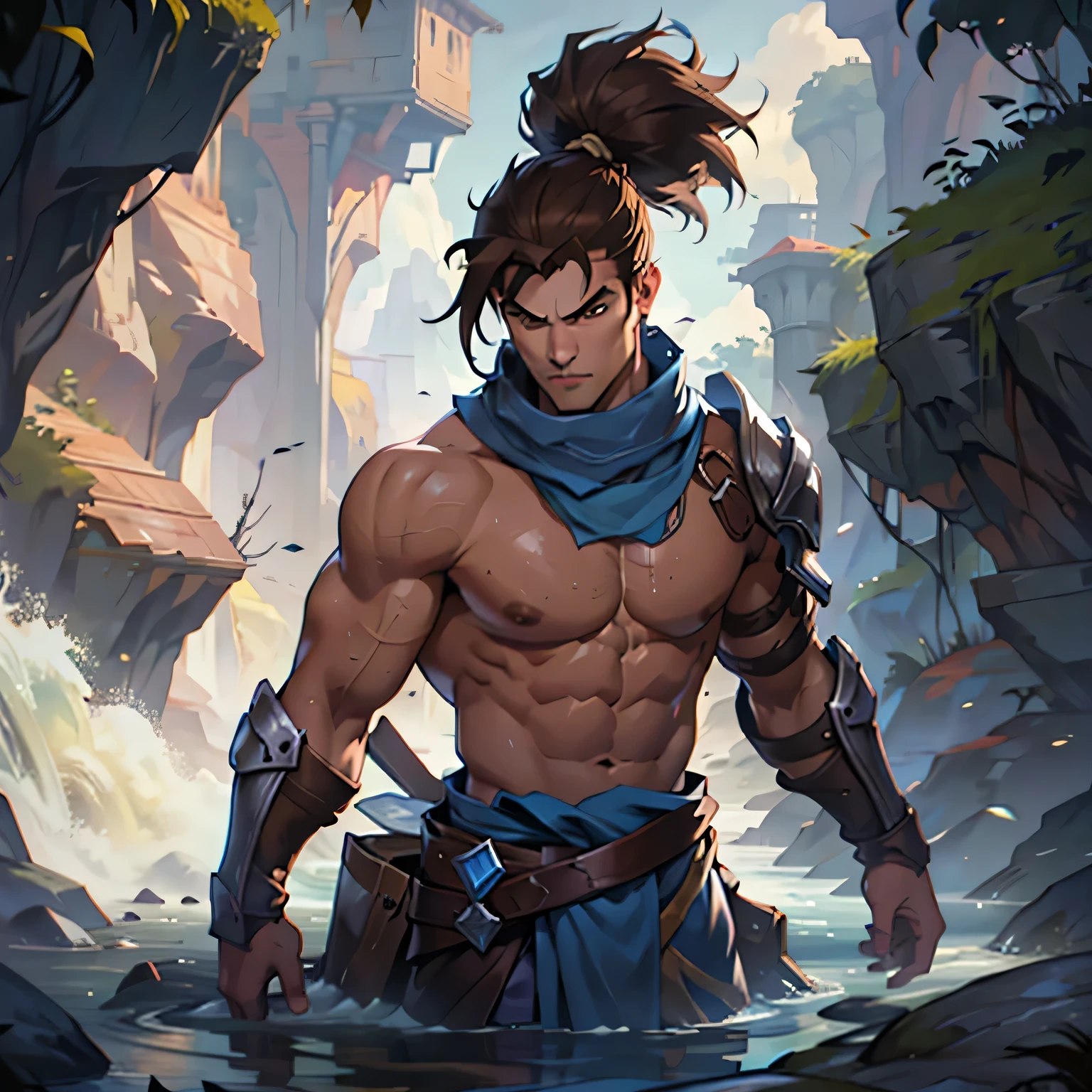 splash art of a twenty-five year old man, handsome, brown hair tied up, a blue scarf around his neck, a large silver metal shoulder pad, he is facing forward, he has a large chest and cute nipples. HD 4k image sexy dynamic pose, he is bathing in the river, magical background