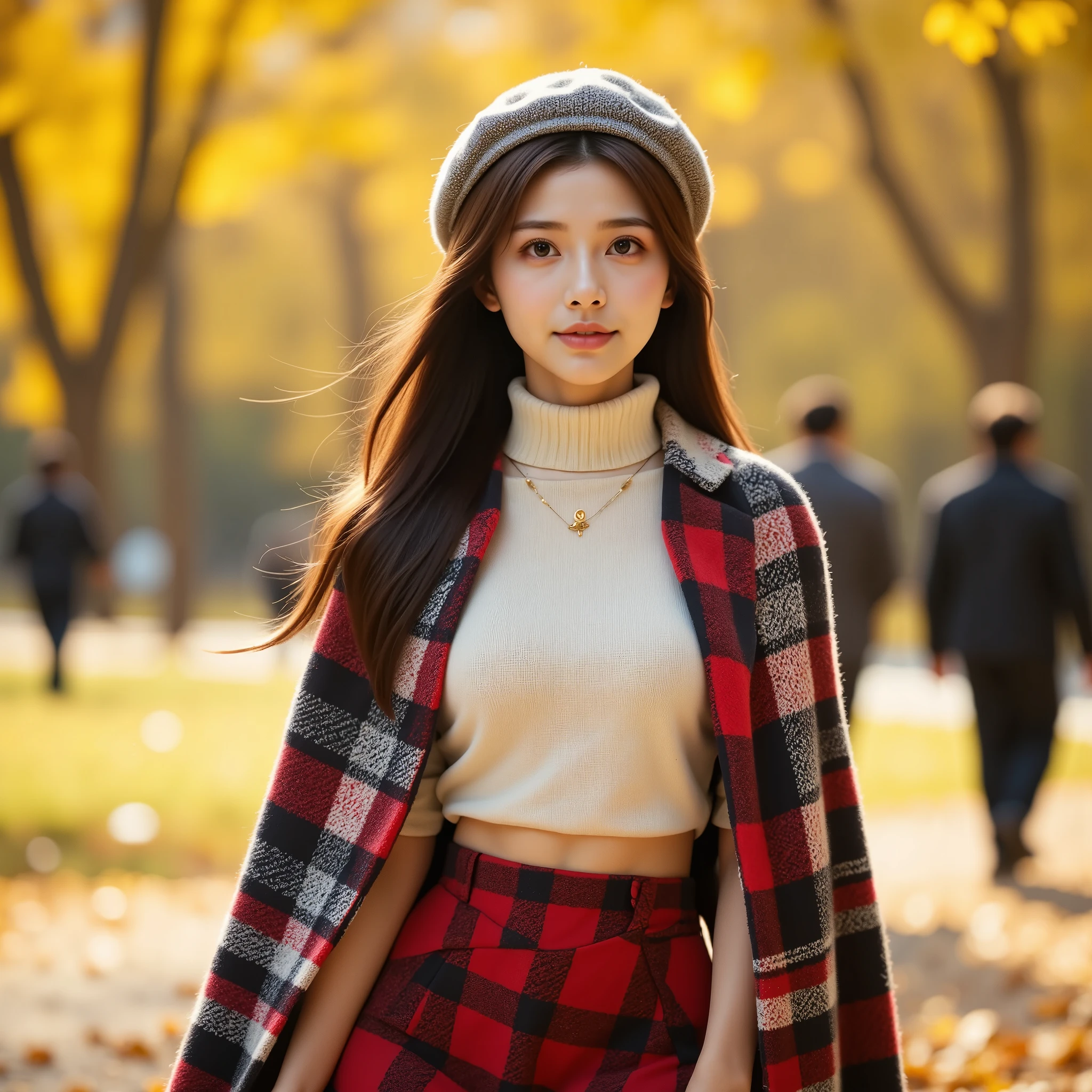 A realistic, vibrant outdoor photo of a young East Asian woman in autumn. She is dressed in a cozy cream turtleneck sweater and a stylish red plaid skirt, with a matching plaid beret on her head and a check-pattern cape. The scene captures the warmth of the autumn sunlight as it highlights her soft smile and long, flowing hair. The golden leaves of the trees-forest behind her create a beautiful seasonal backdrop, enhancing the peaceful and lively atmosphere of a crisp autumn day in the park. Her necklace with a small pendant adds a subtle touch of elegance to her casual yet chic look.