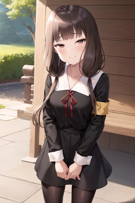 masterpiece, best quality, highres, bbmiko, long hair, low twintails, blunt bangs, collarbone, neck ribbon, red ribbon, black dress, black shirt, long sleeves, black sleeves, armband, black pantyhose, standing, cowboy shot, outdoors, smile, closed mouth, smug
half-closed eyes