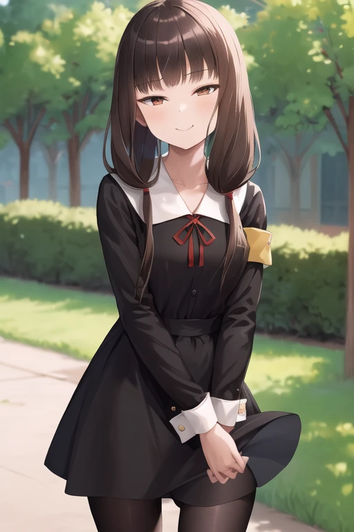 masterpiece, best quality, highres, bbmiko, long hair, low twintails, blunt bangs, collarbone, neck ribbon, red ribbon, black dress, black shirt, long sleeves, black sleeves, armband, black pantyhose, standing, cowboy shot, outdoors, smile, closed mouth, smug
half-closed eyes