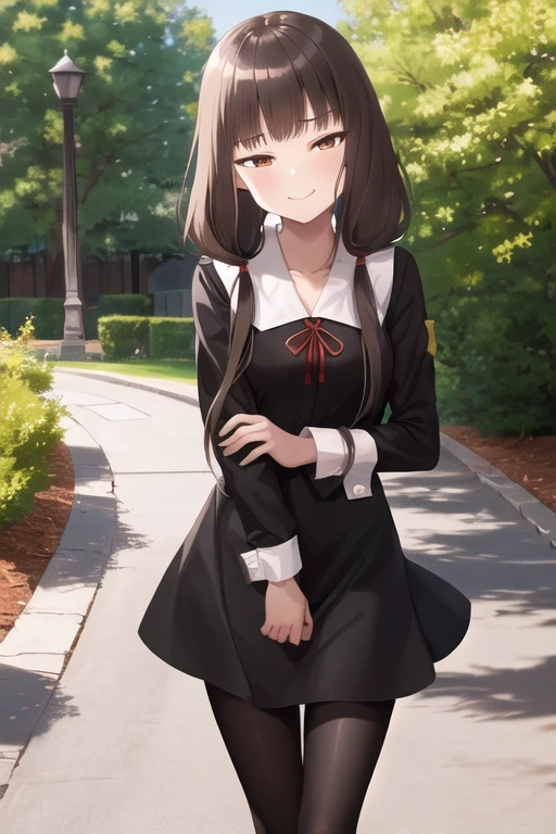 masterpiece, best quality, highres, bbmiko, long hair, low twintails, blunt bangs, collarbone, neck ribbon, red ribbon, black dress, black shirt, long sleeves, black sleeves, armband, black pantyhose, standing, cowboy shot, outdoors, smile, closed mouth, smug
half-closed eyes